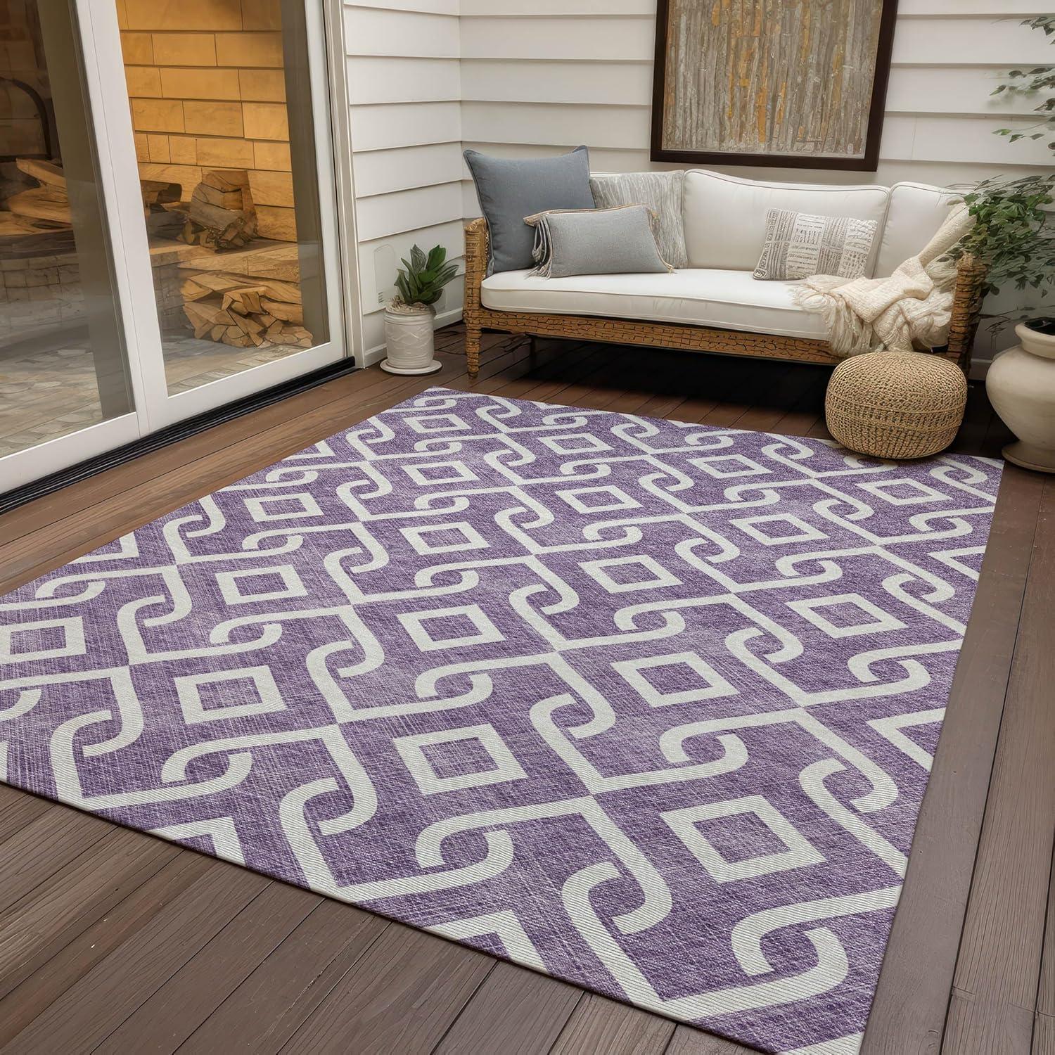 Purple Geometric Machine Washable Rectangular Area Rug