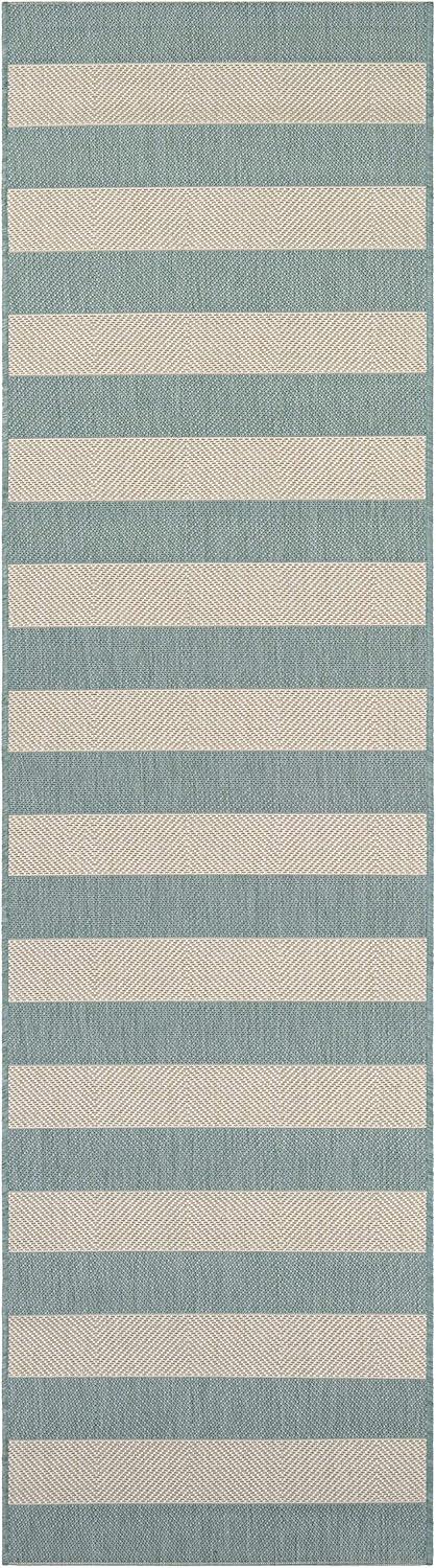 Couristan Afuera Yacht Club 2'2" x 7'10" Sea Mist Green and Ivory Stripe Outdoor Runner Rug