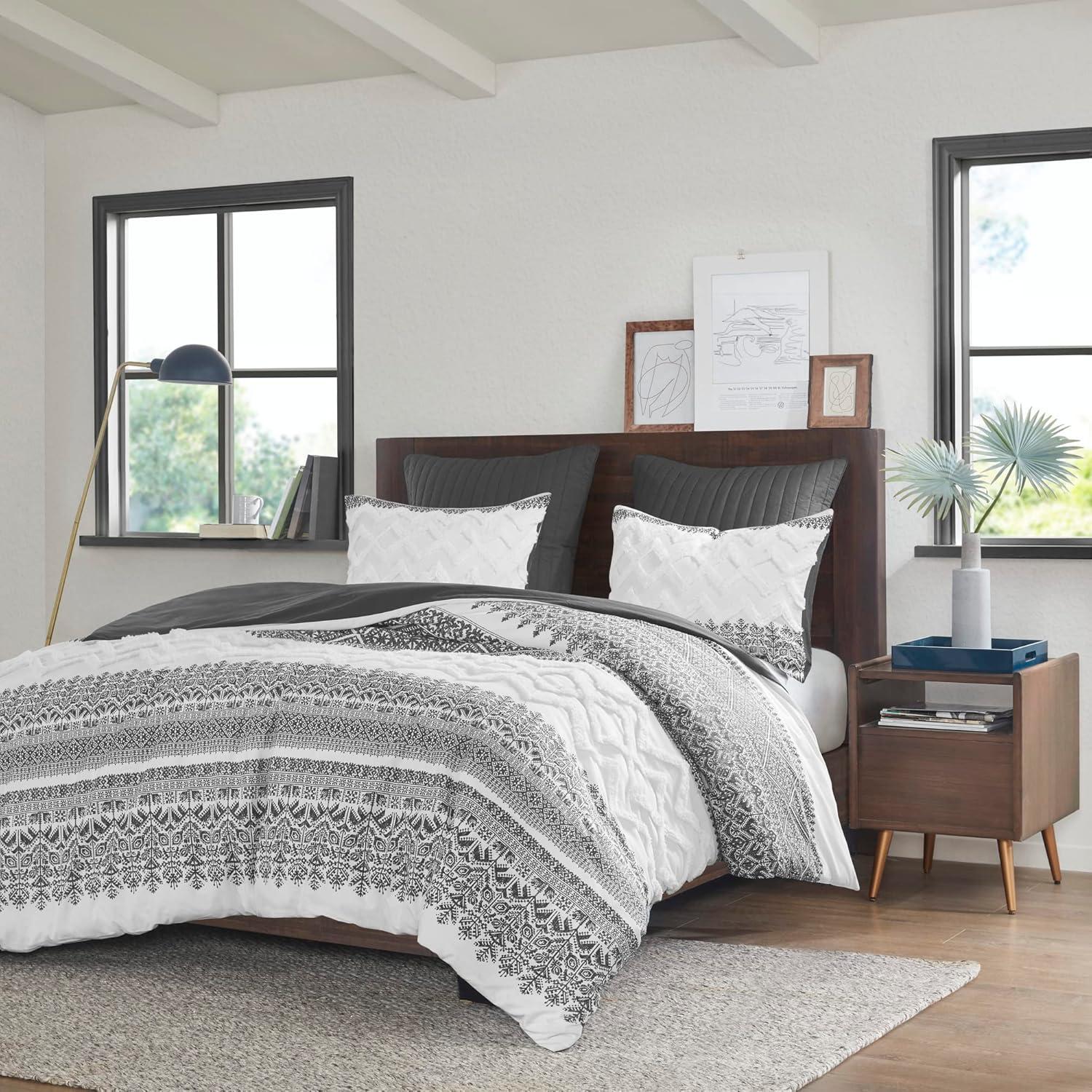 King Gray Cotton Reversible Comforter Set with Tufted Chenille