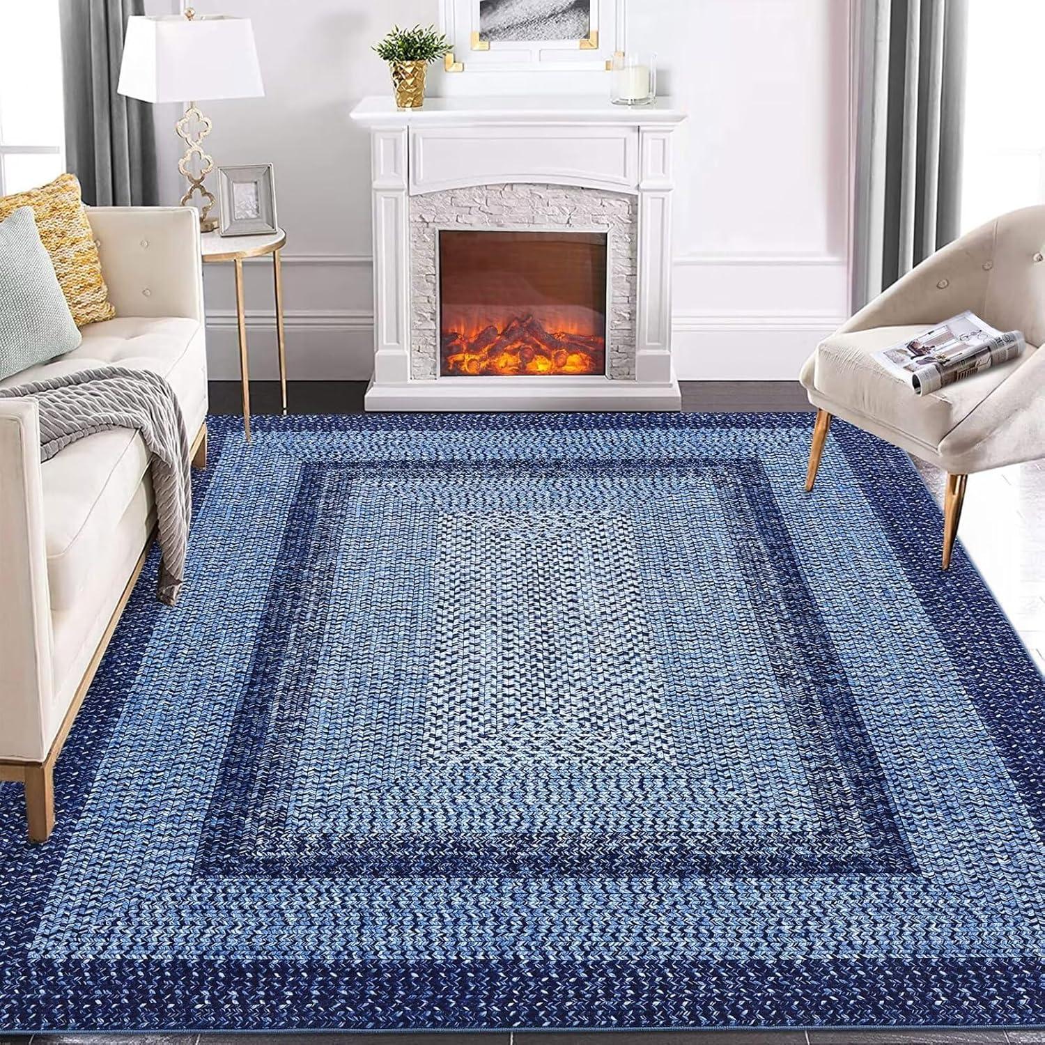 Aoile 4'x6' Washable Area Rug, Geometric Printed Rugs with Non Slip for Living Room Bedroom Dining Room, Navy