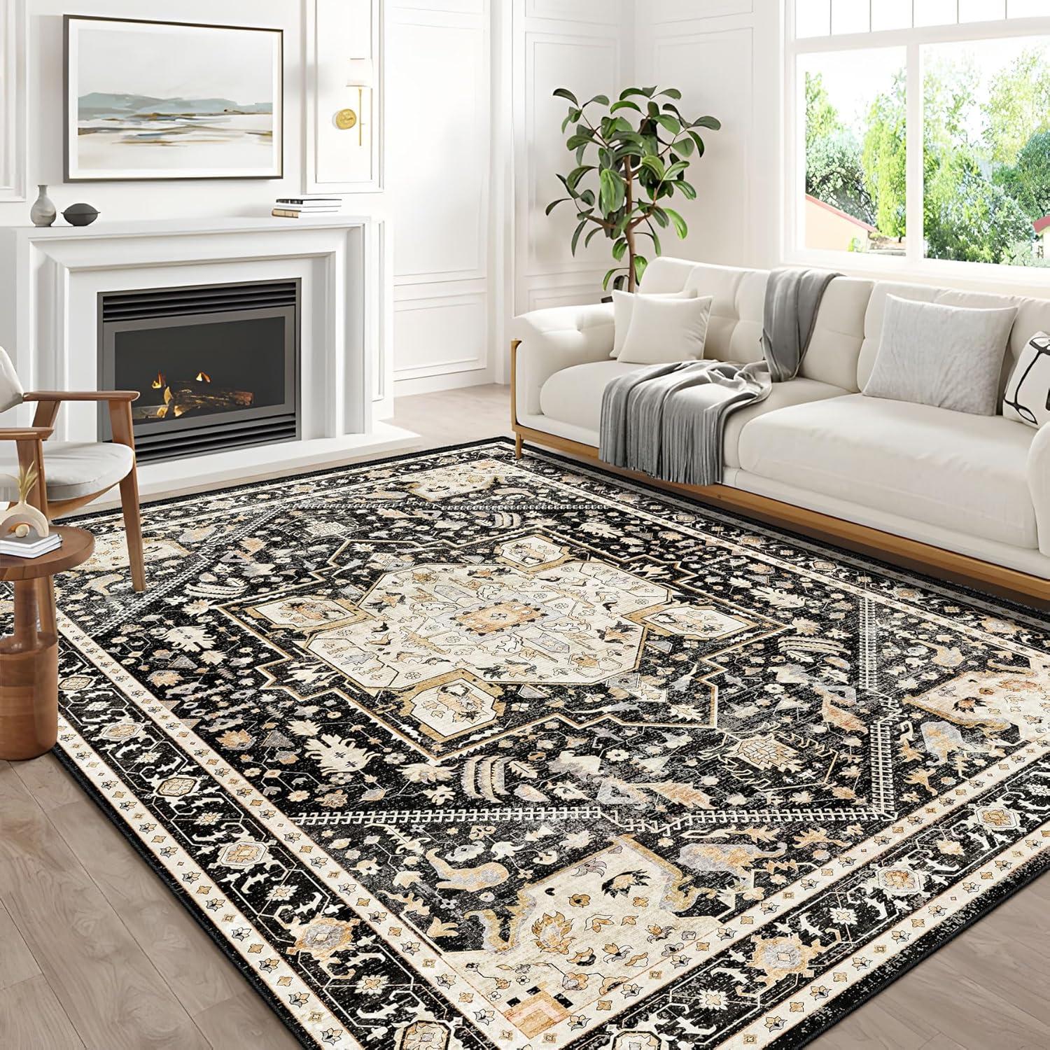 Black Floral Synthetic 8' x 10' Washable Area Rug