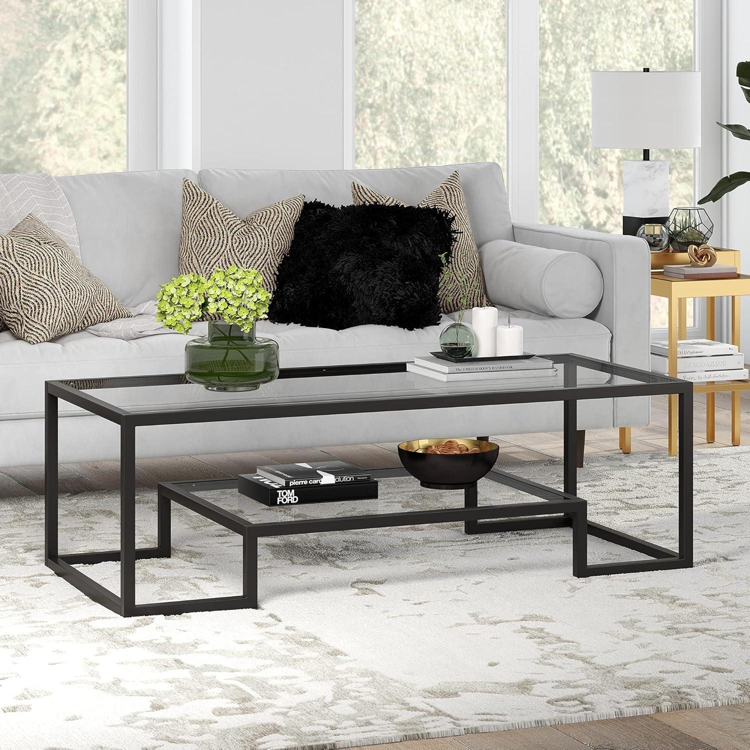 54" Blackened Bronze and Glass Rectangular Coffee Table