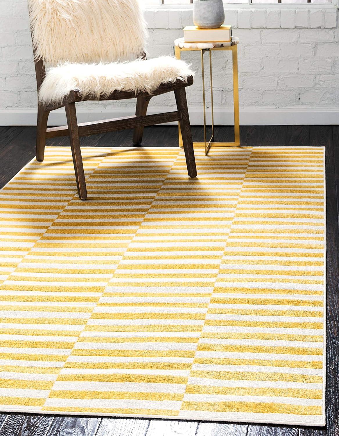 Yellow and Beige Striped Synthetic 4' x 6' Area Rug