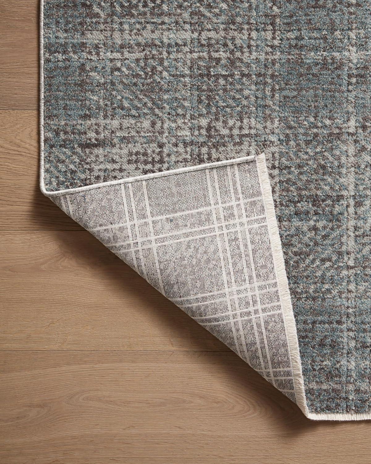 Denim and Charcoal Plaid Wool Synthetic Flat Woven Rug