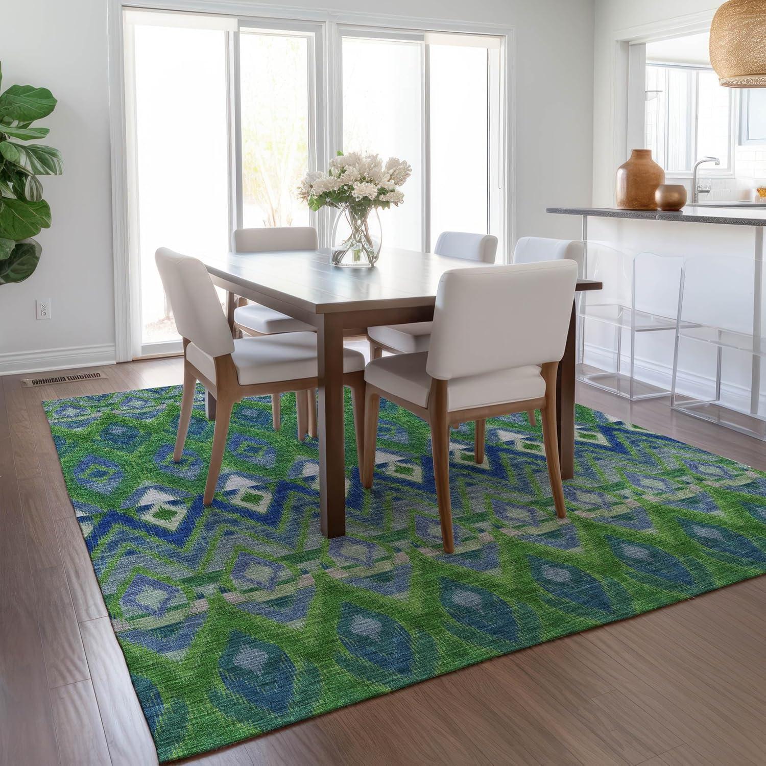 Green and Blue Synthetic Washable Rectangular Area Rug