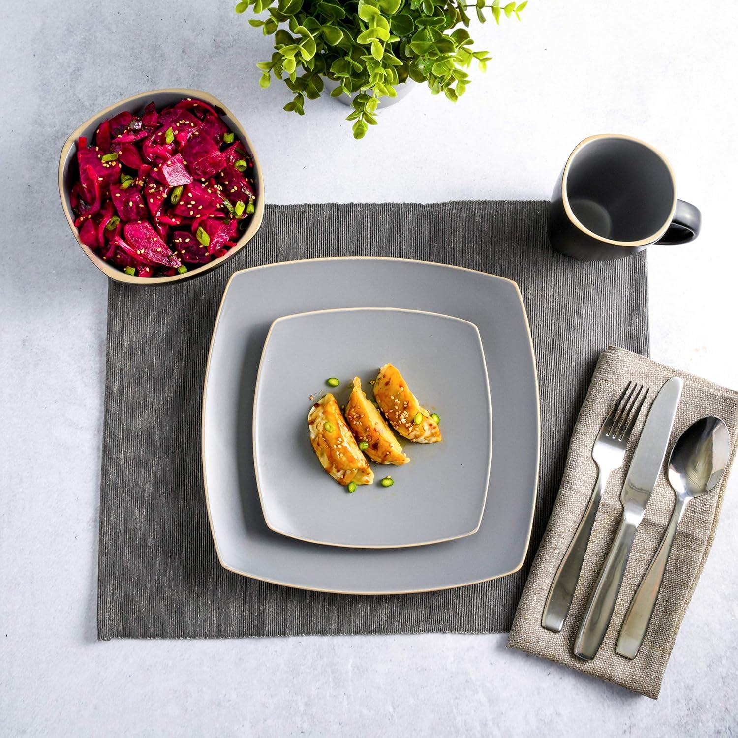 Gibson Soho Lounge Square 16-Piece Matte Stoneware Dinnerware Set Matte Grey