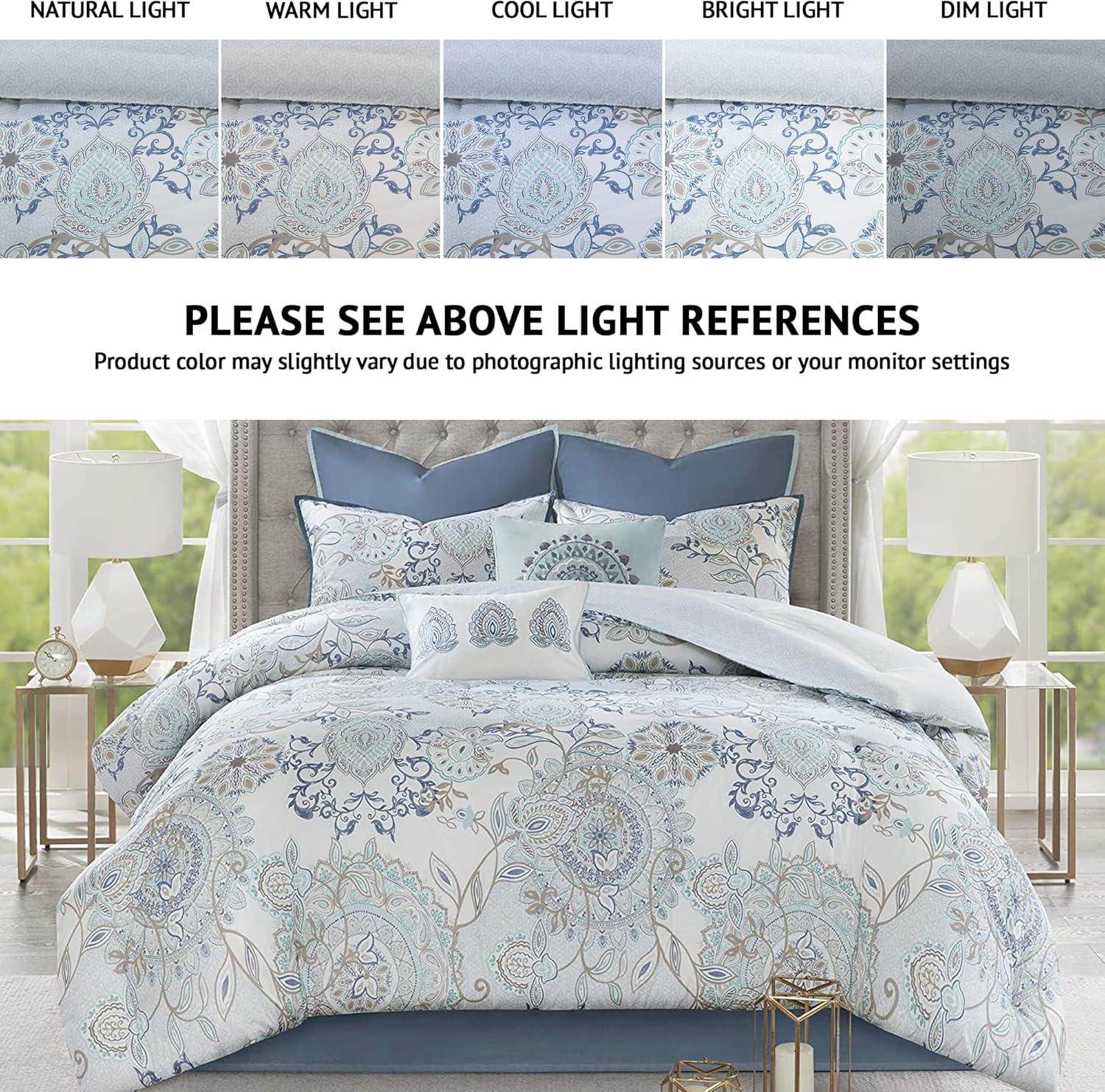 Madison Park 8pc King Lian Cotton Printed Reversible Comforter Set Blue: Percale Weave, OEKO-TEX Certified