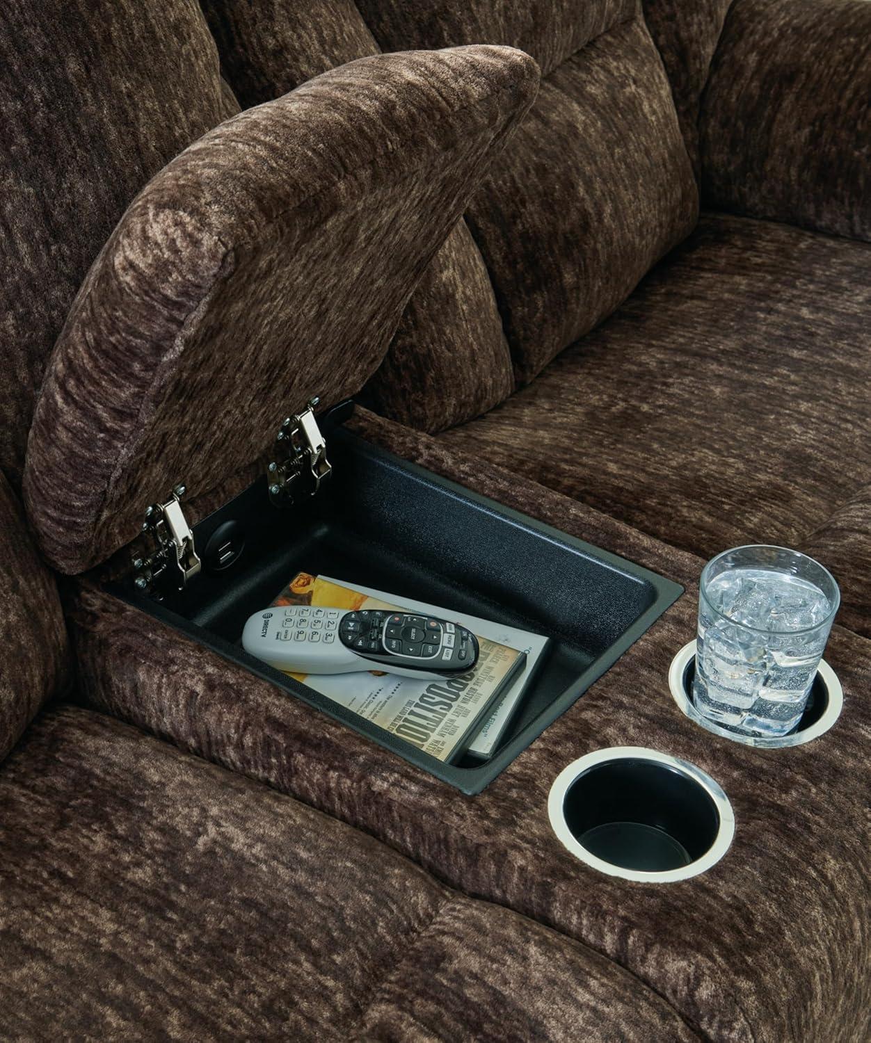 Brown Velvet Manual Reclining Loveseat with Storage and Cup Holders