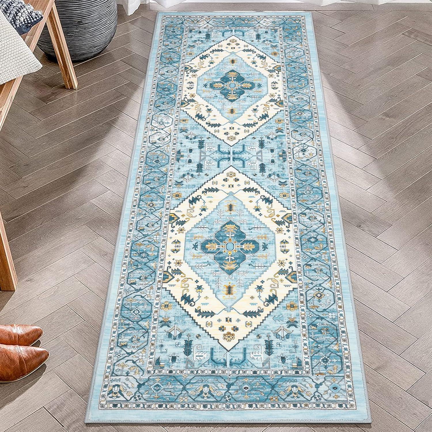 WhizMax 2x6 Vintage Hallway Runner Rug Machine Washable Rug Farmhouse Bedside Persian Distressed Rug Soft Foldable Thin Rug for Laundry, Blue/Grey