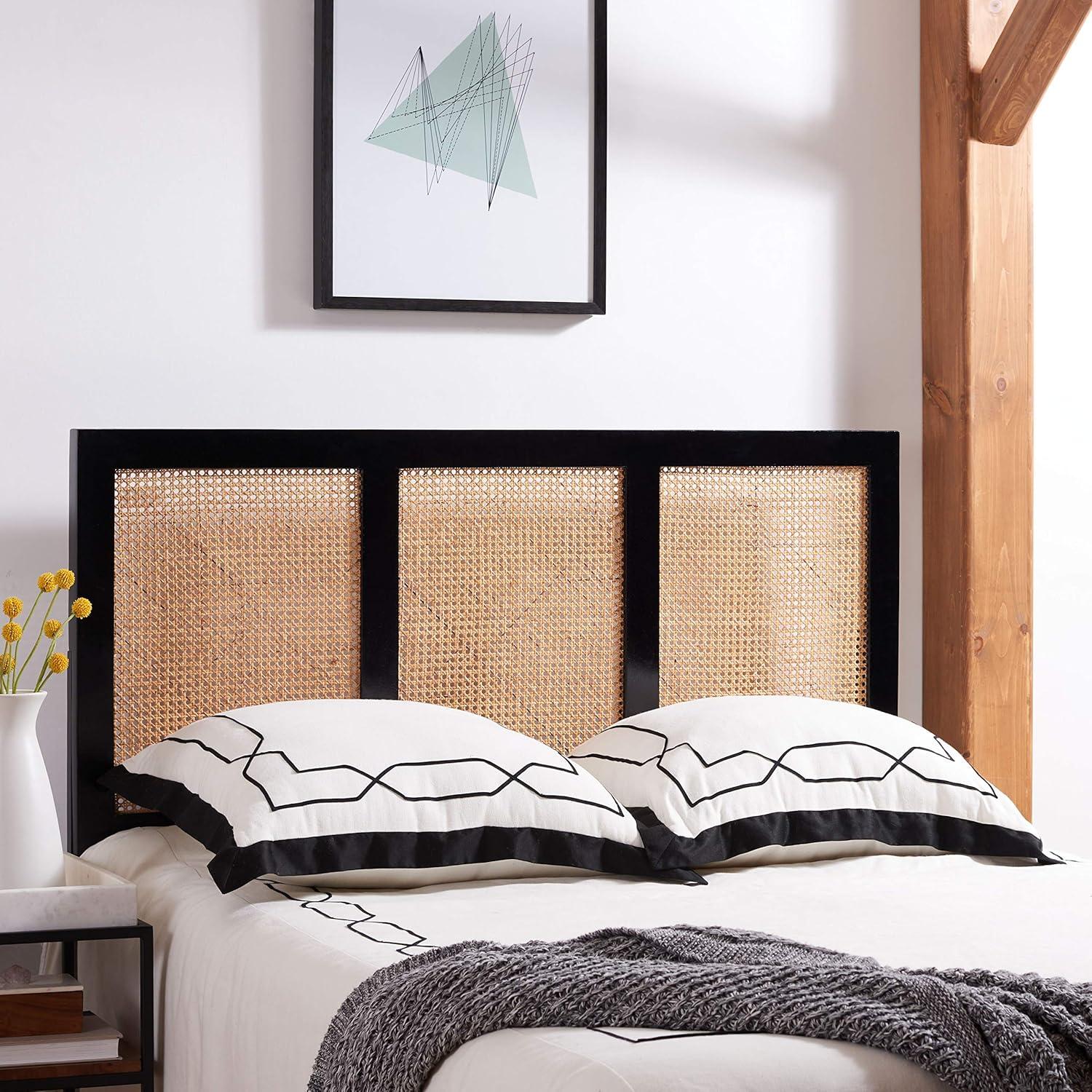 Breezy Tropical Queen-Sized Black and Natural Wood Cane Headboard