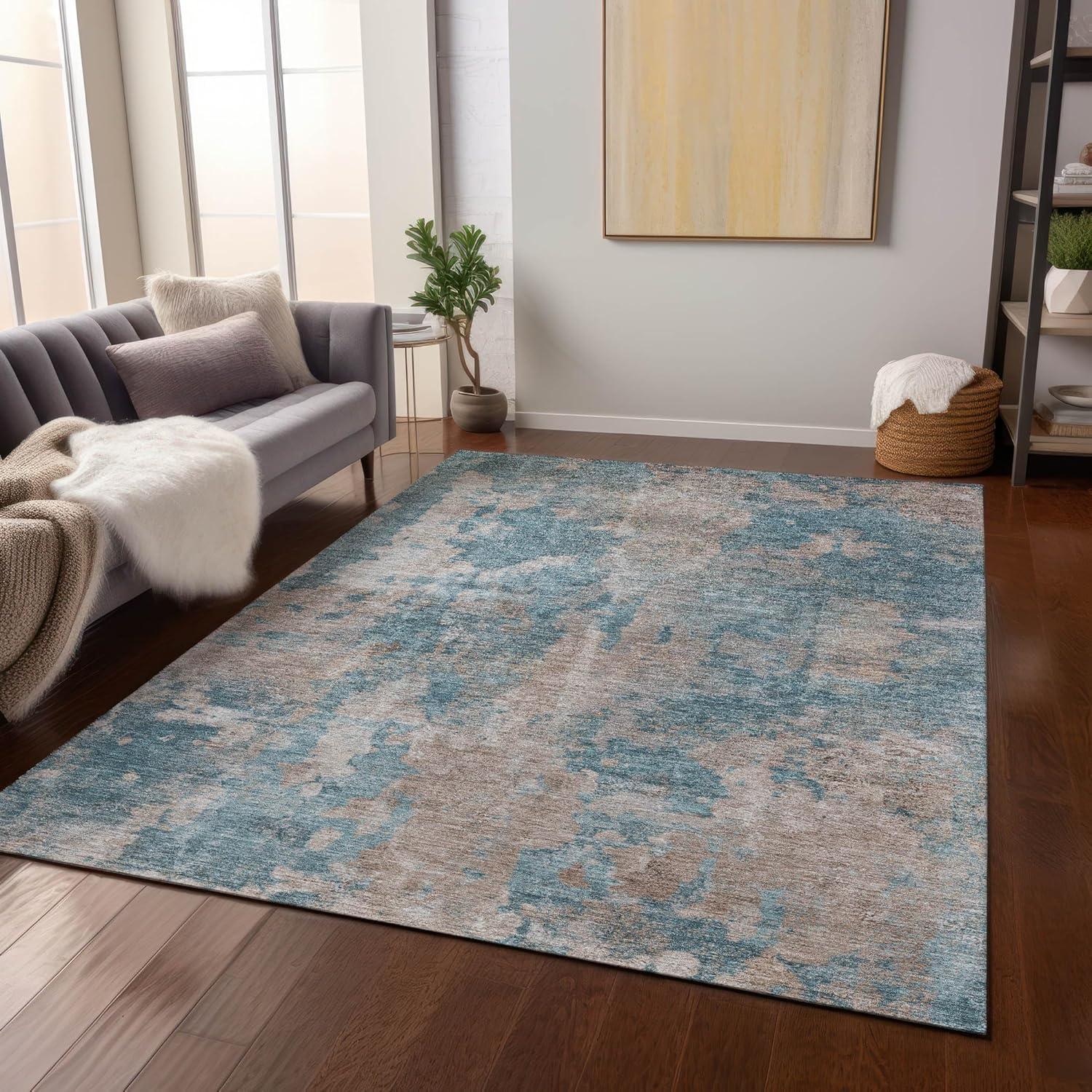 Teal and Beige Synthetic Flat Woven Washable Area Rug