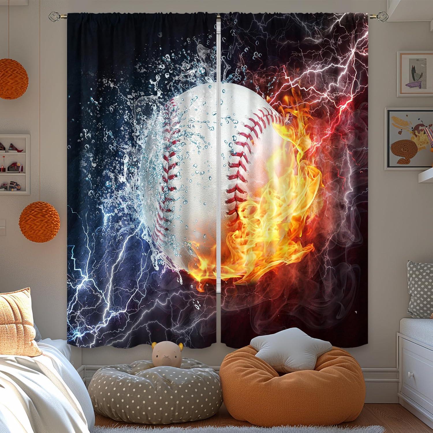 Cinbloo Baseball Curtains Sports Theme for Men 42W x 63L Inch Rod Pocket Ball in Fire Water Flame Lightening Boys Kids Bedroom Decor Art Printed Living Room Window Drapes Treatment Fabric 2 Panels