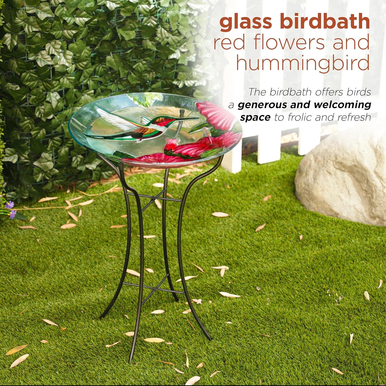 18" Multicolor Glass Birdbath with Metal Stand and Hummingbird Design