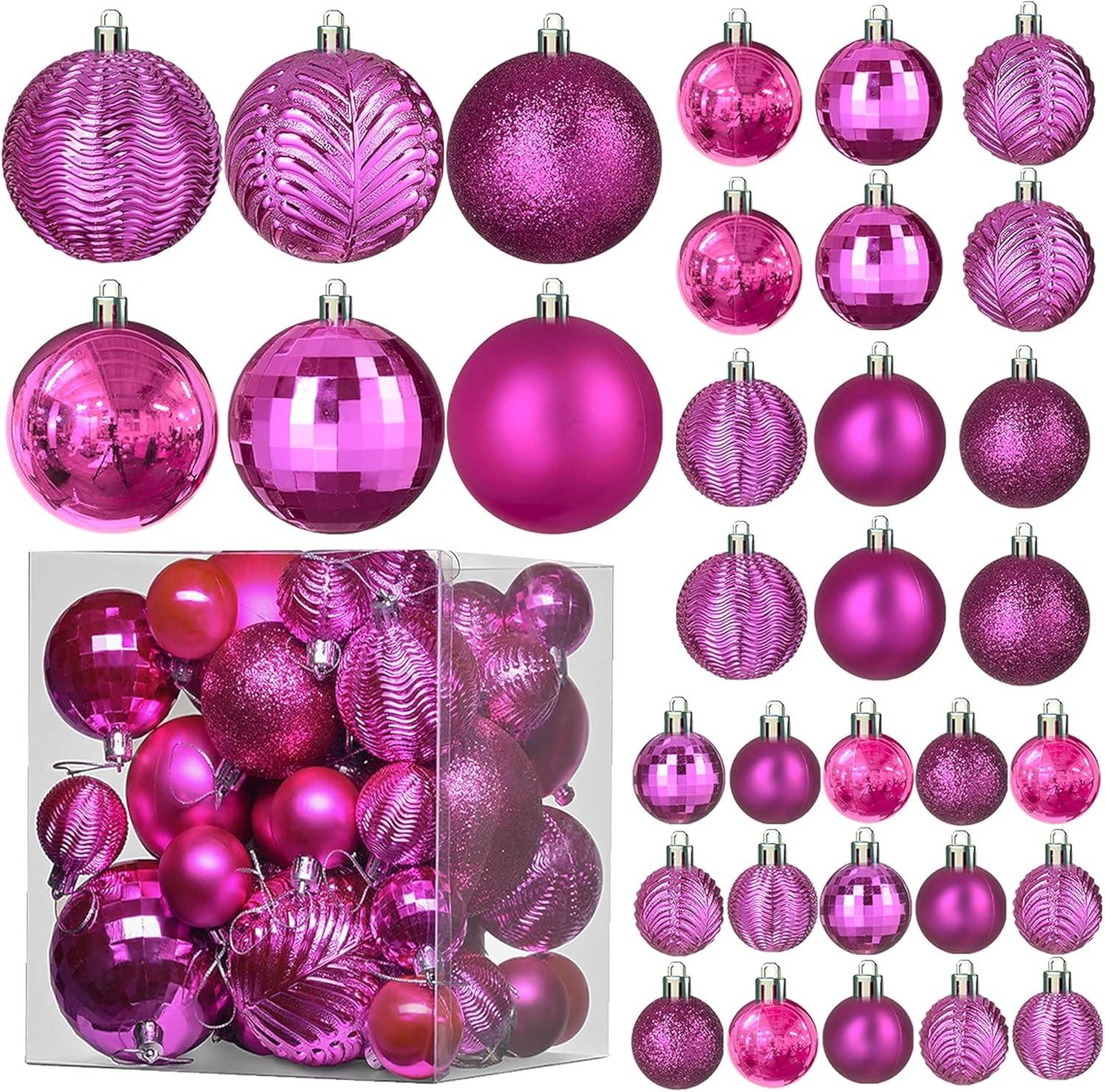 Prextex Shatterproof Christmas BalL Ornaments w/Hanging Loop for Christmas Decorations- 36 pcs, Pink