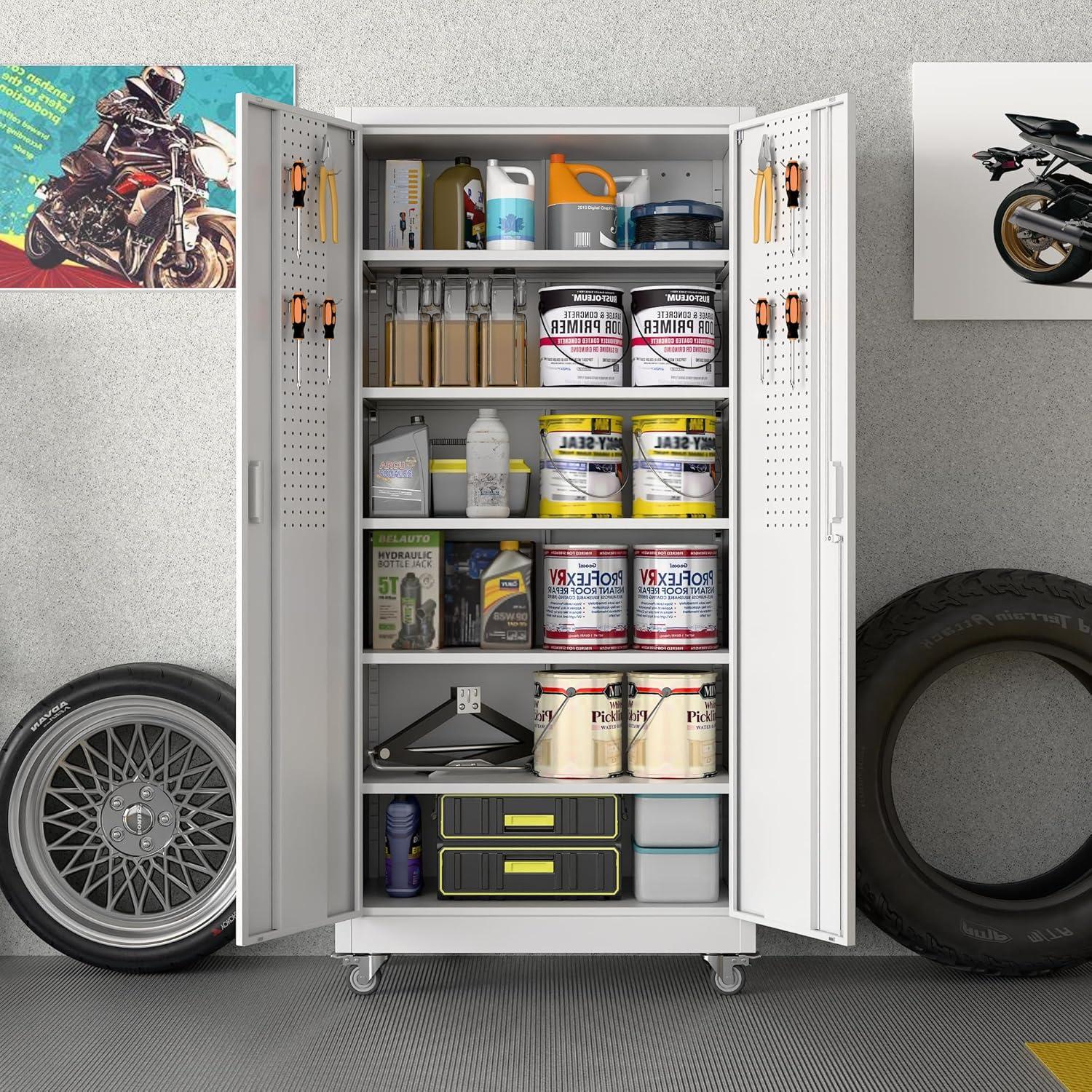 AOBABO 72 Inch Locking Metal Garage Home Office Storage Cabinet with Universal Rubber Wheels/Lockable Casters and Magnetic Doors, White