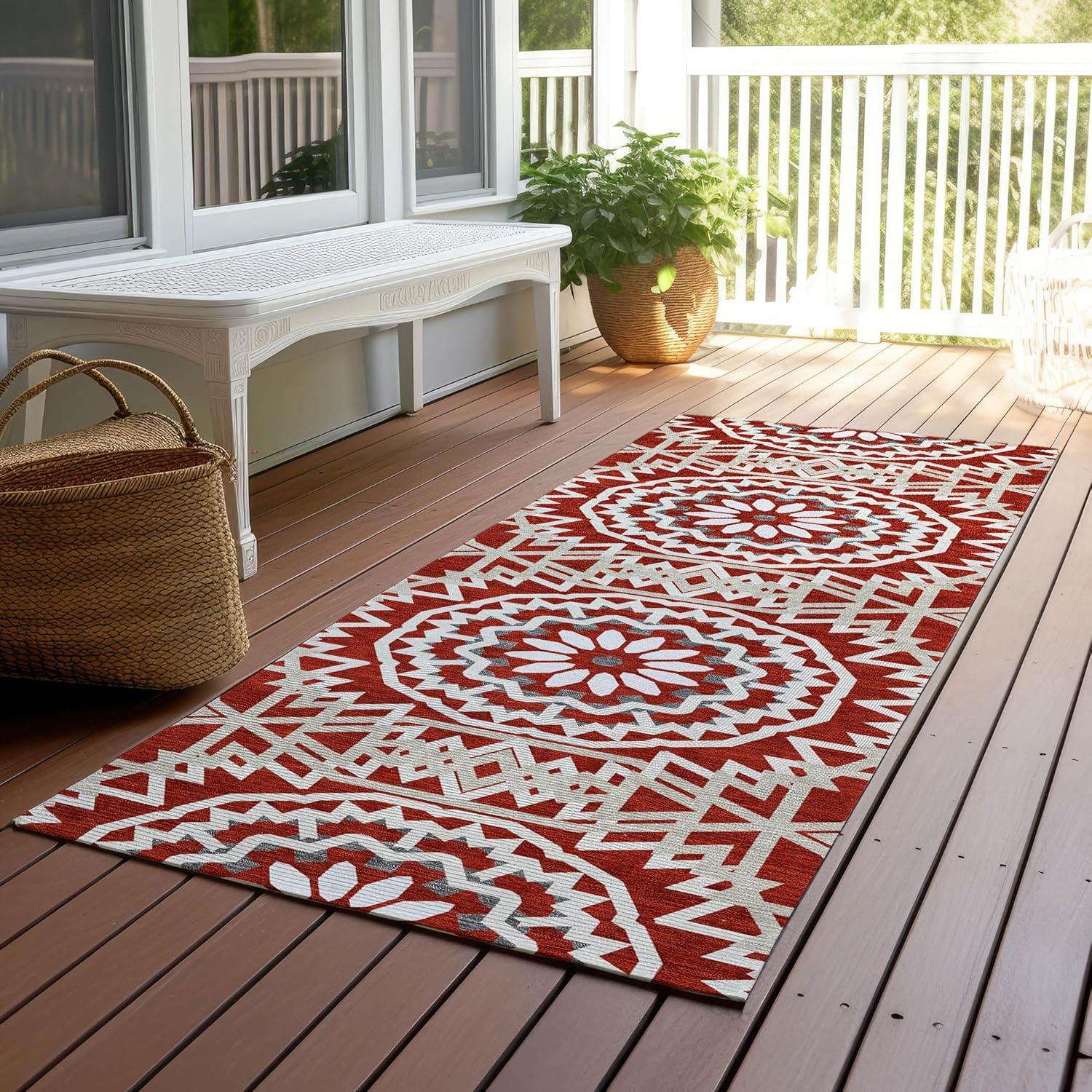 Red and White Synthetic Flat Woven Runner Rug