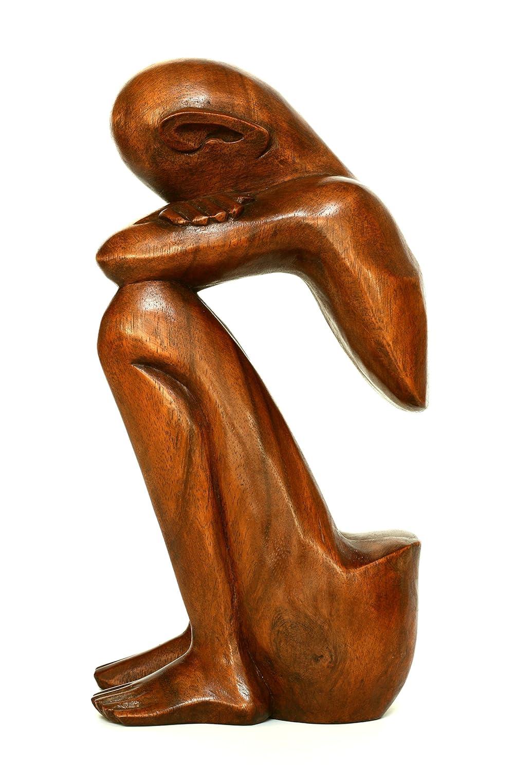12" Handcrafted Suar Wood Resting Man Abstract Sculpture