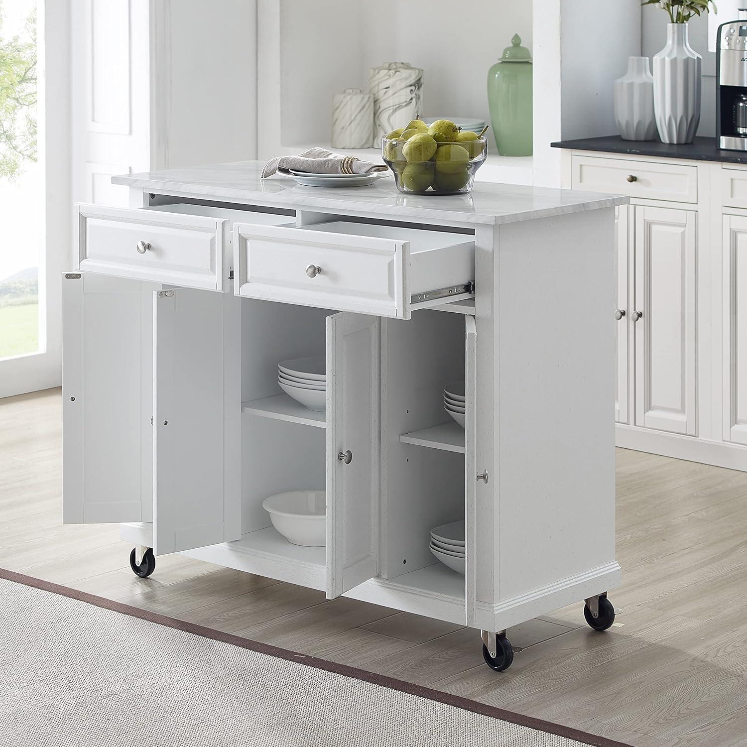 Avery Distressed White Kitchen Island Cart with Faux Marble Top