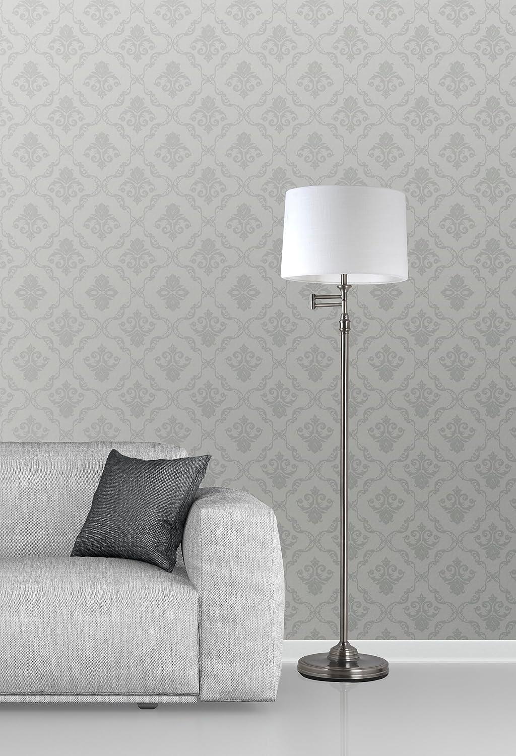 Adesso Aaron Swing Arm Floor Lamp Pewter: Linen Shade, Metal Body, UL Listed, 57.44" Height