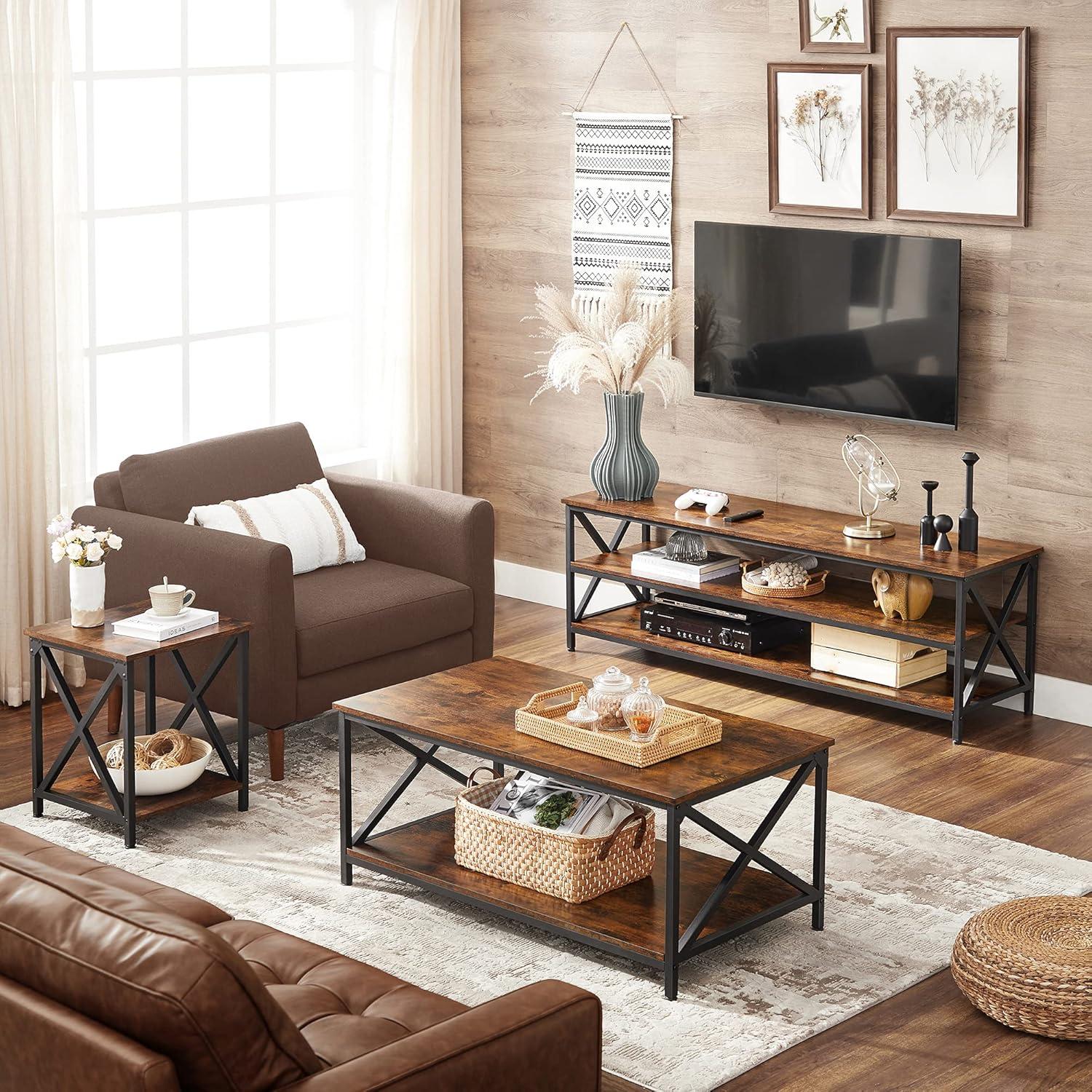 Rustic Brown and Black Industrial Coffee Table with Storage Shelf