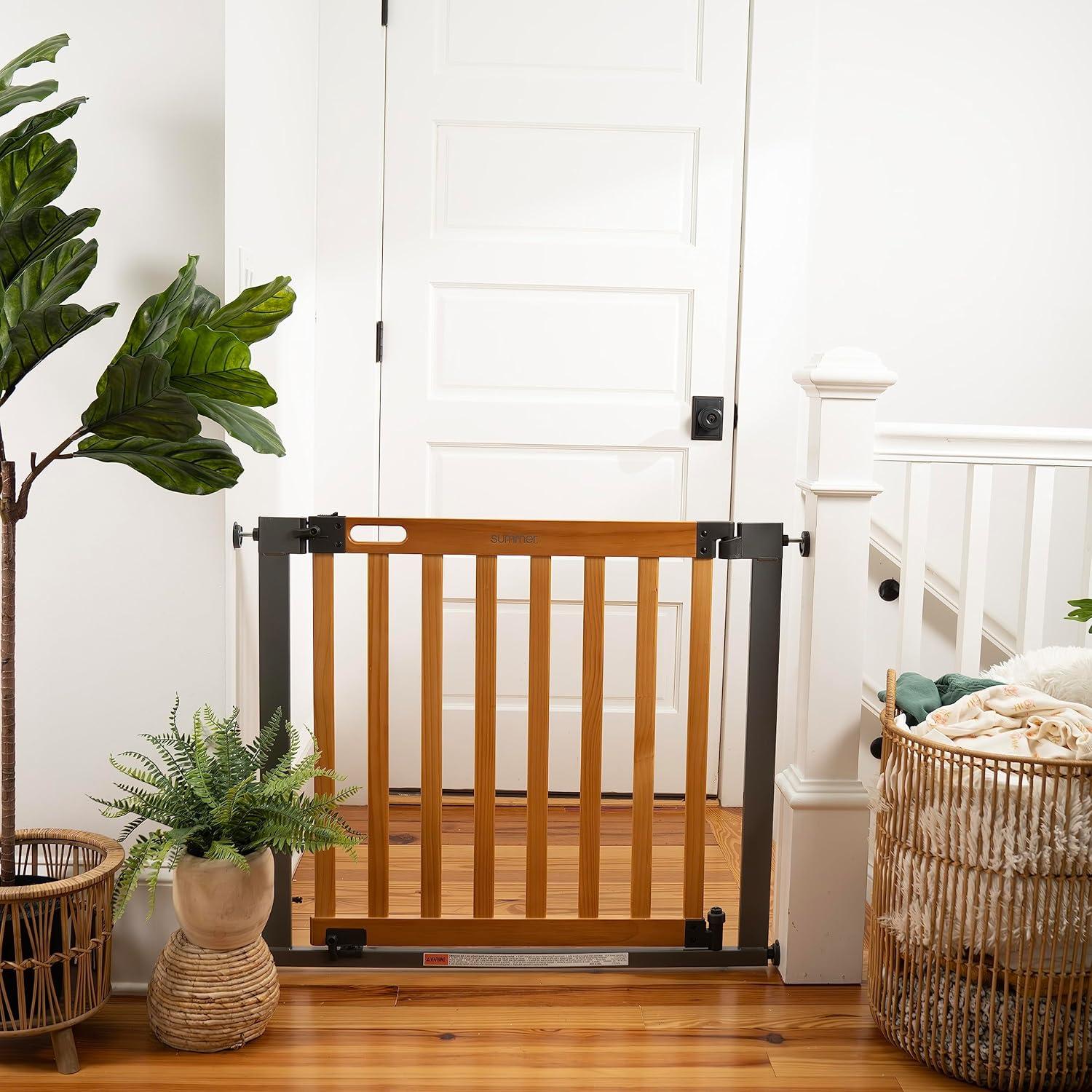 Extra Wide Honey Oak and Metal Safety Gate with Auto-Close