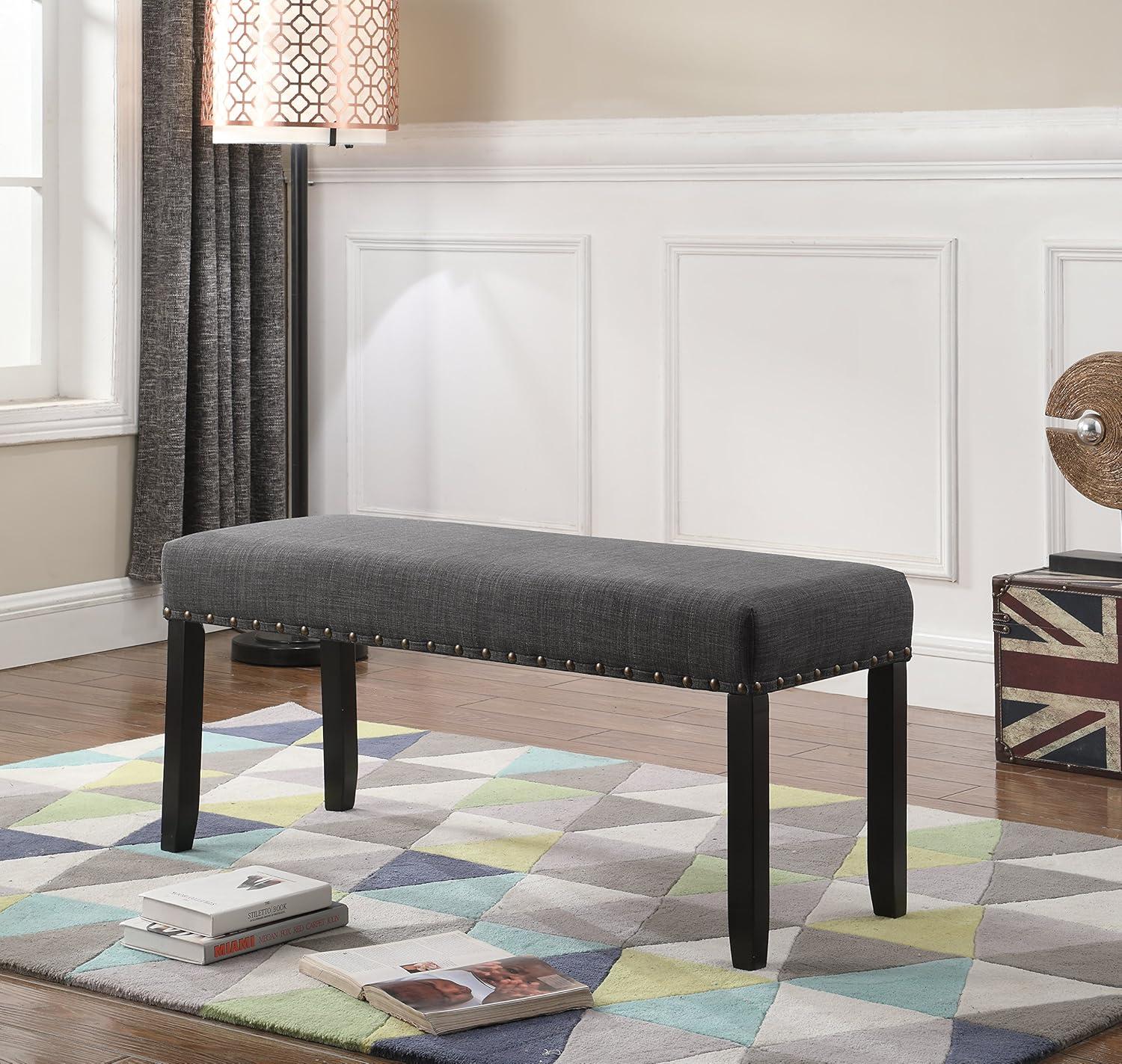 Elegant Grey Linen and Cotton Dining Bench with Nailhead Trim