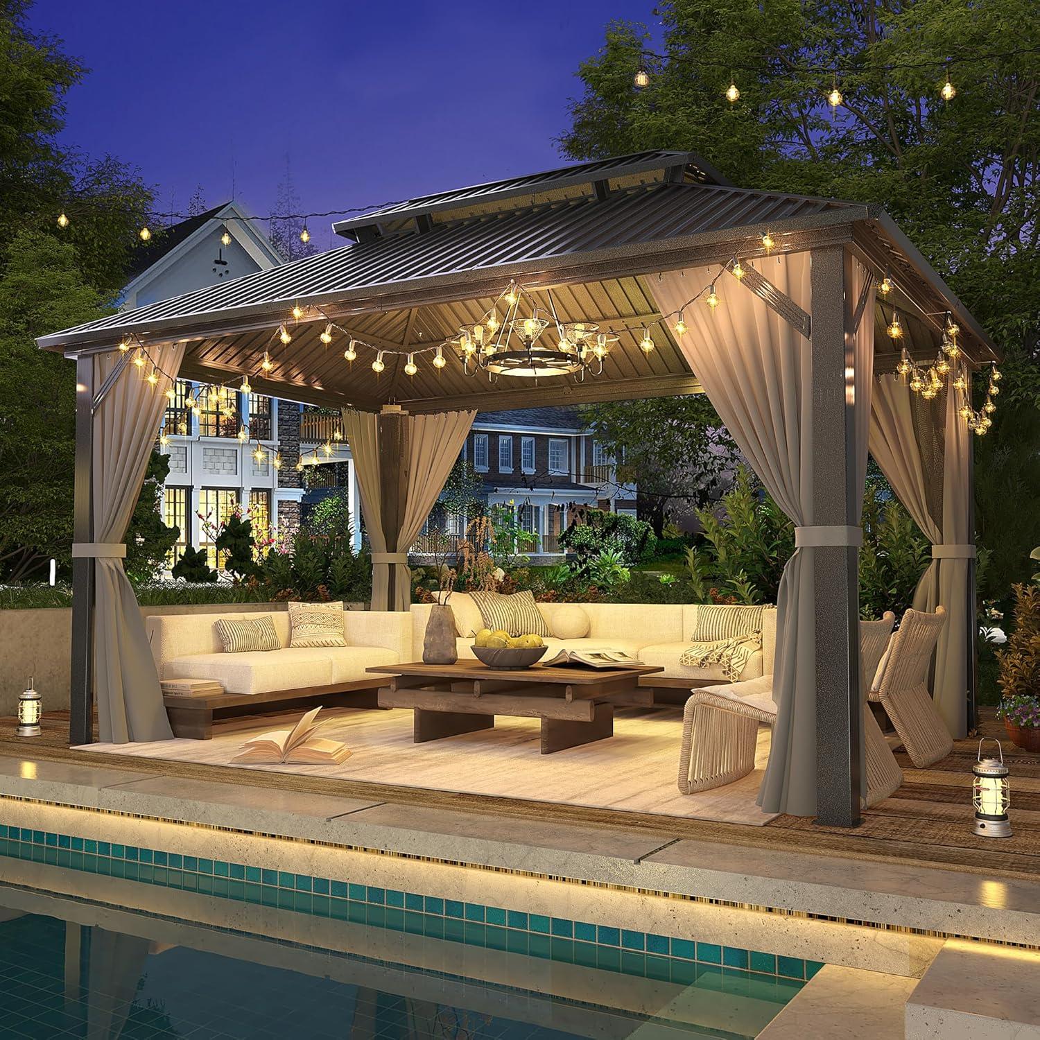 Barton 10x14 Gazebo, Hardtop Gazebo With Aluminum Frame, Double Galvanized Steel Roof, Curtains and Netting Included, Metal Gazebos Pergolas for Patios, Garden, Parties, Lawns