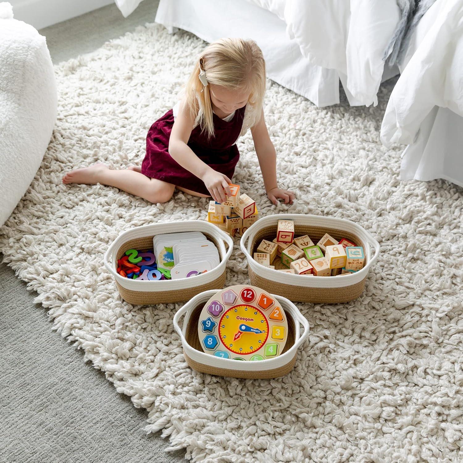 5-Piece Rectangle Storage Basket Set- Natural Cotton Rope Woven Baskets for Organizing! Small Basket for Montessori, Baby Nursery, Dog Toy Baskets, Cat Toy Box, Bathroom Organization Bin