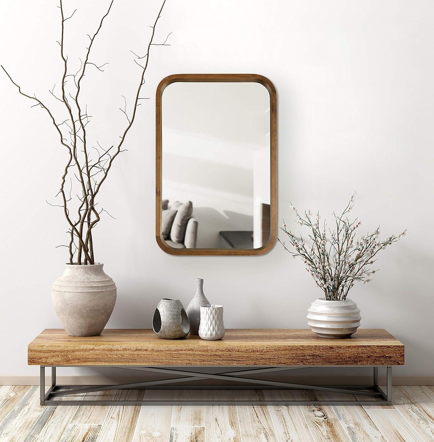 Kate & Laurel All Things Decor 20" x 30" Hutton Wood Framed Rectangle Decorative Wall Mirror Rustic Brown : Poplar, Modern Design