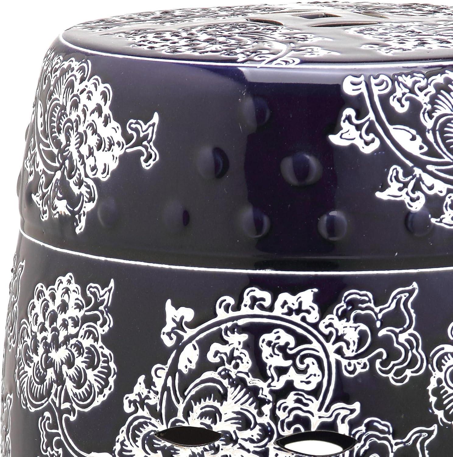 Midnight Flower Ceramic Garden Stool - Navy/White - Safavieh.