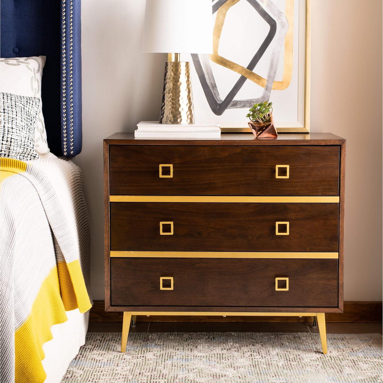 Katia Transitional Walnut 3-Drawer Chest with Gold Accents