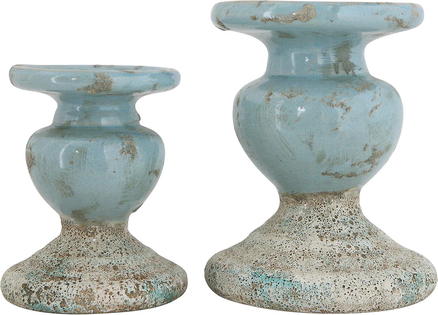 Creative Co-Op Small Distressed Blue Terracotta Pillar Candle Holder