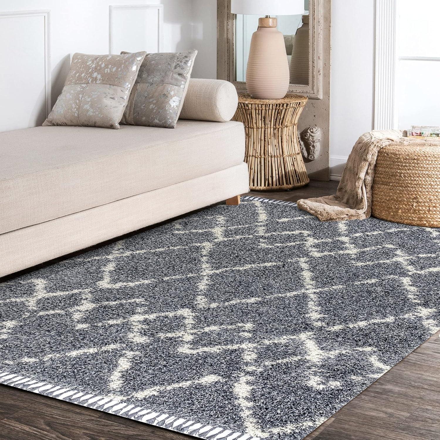 4'x6' Mercer Shag Plush Tassel Moroccan Geometric Trellis Area Rug, Denim/Cream - JONATHAN Y