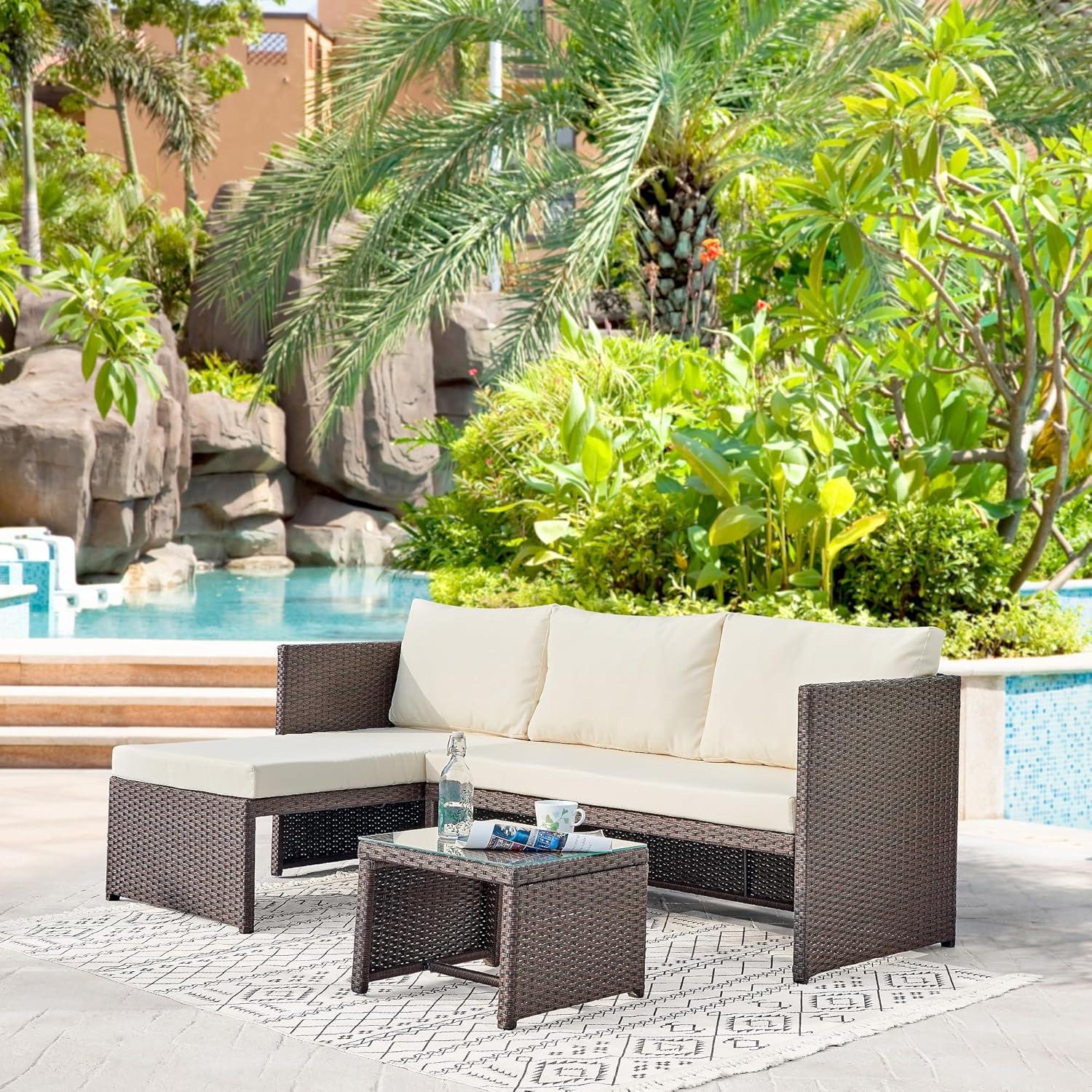 Menton Brown and Cream Steel Rattan 3-Piece Patio Set