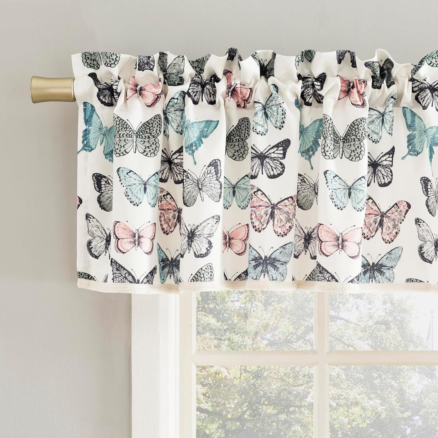 No. 918 Magdalena Butterfly Print Embroidered Trim Semi-Sheer Rod Pocket Curtain Valance, 54"x18", Blue