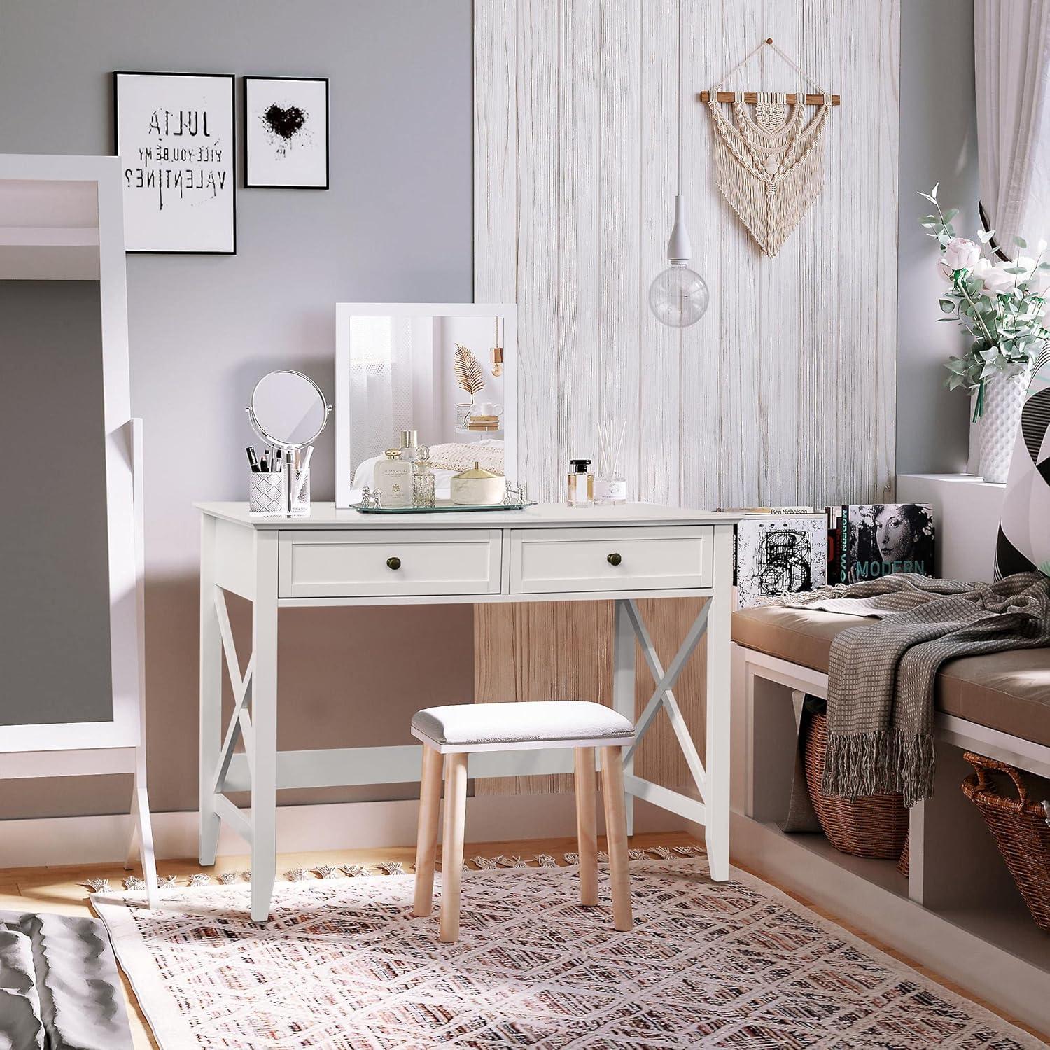 White Computer Desk with 2 Drawers, Modern Makeup Vanity Desk with Storage, Writing Desk for Home Office, 42'' Long Study Simple White Desk for Bedroom Console Table Living Room
