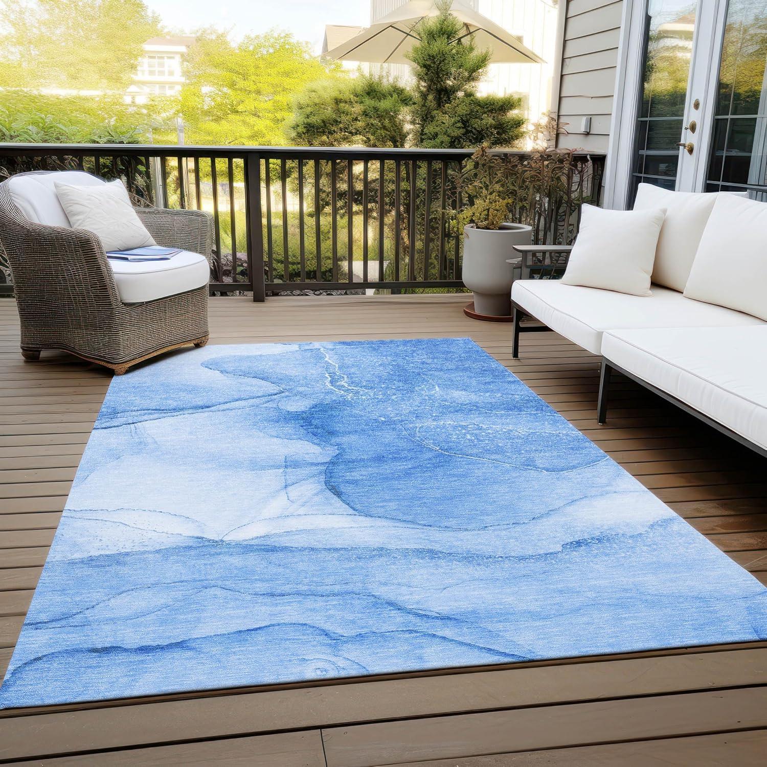 Blue Watercolor Pattern Machine Washable Indoor Outdoor Rug