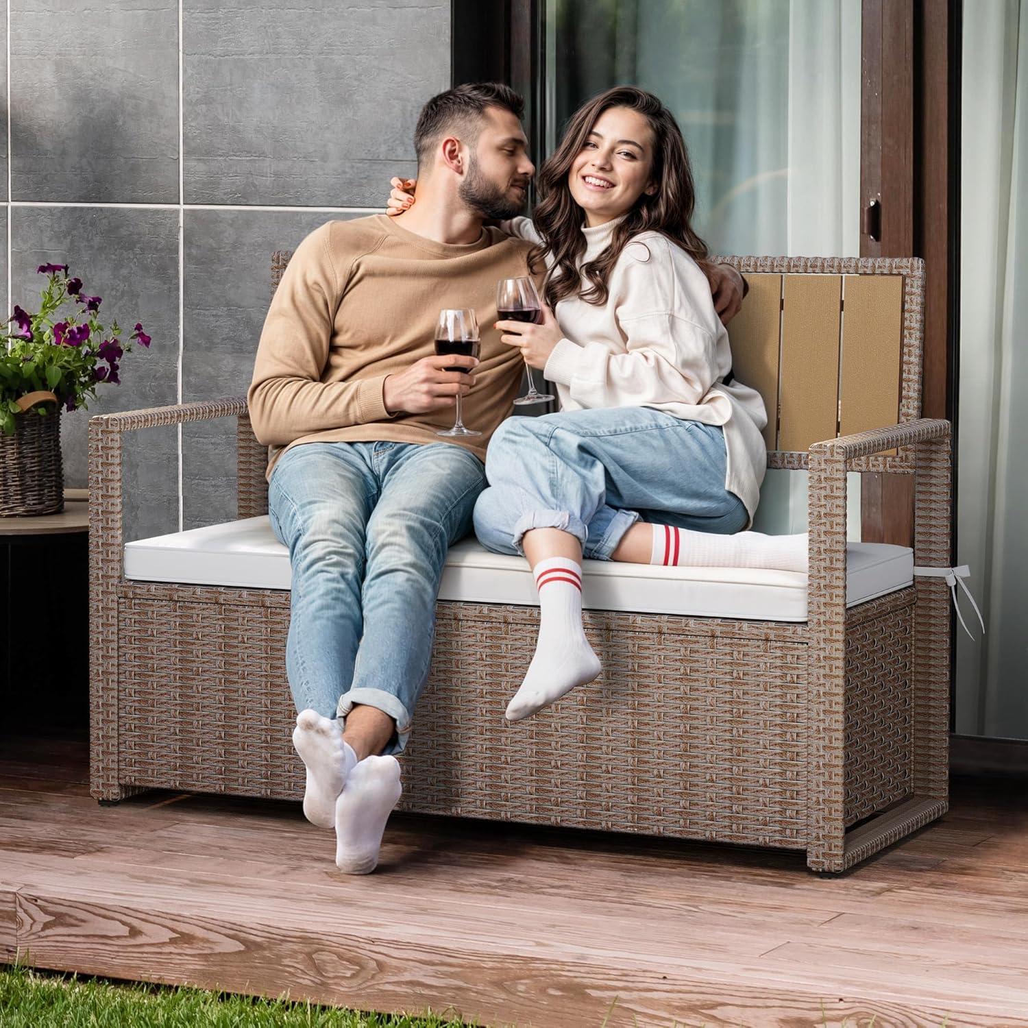 Gray Wicker and Polyethylene Outdoor Storage Bench with Cushion