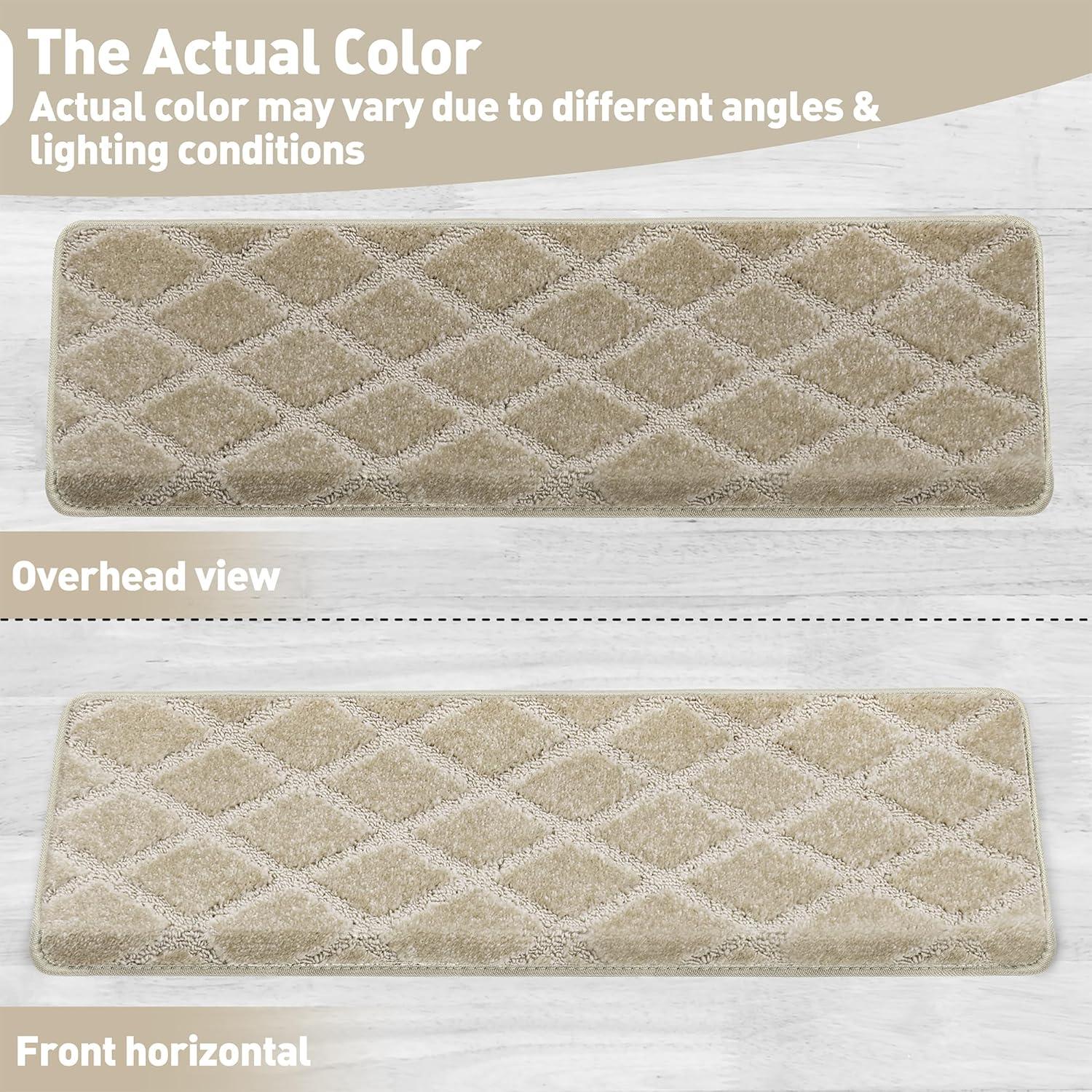 PURE ERA Bullnose Carpet Stair Treads Protectors for Wooden Steps 9.5" x 30"x1.2" Pet Friendly Tape Free Non-Slip (Set of 14 Pieces,Cream Gray Diamond Trellis)