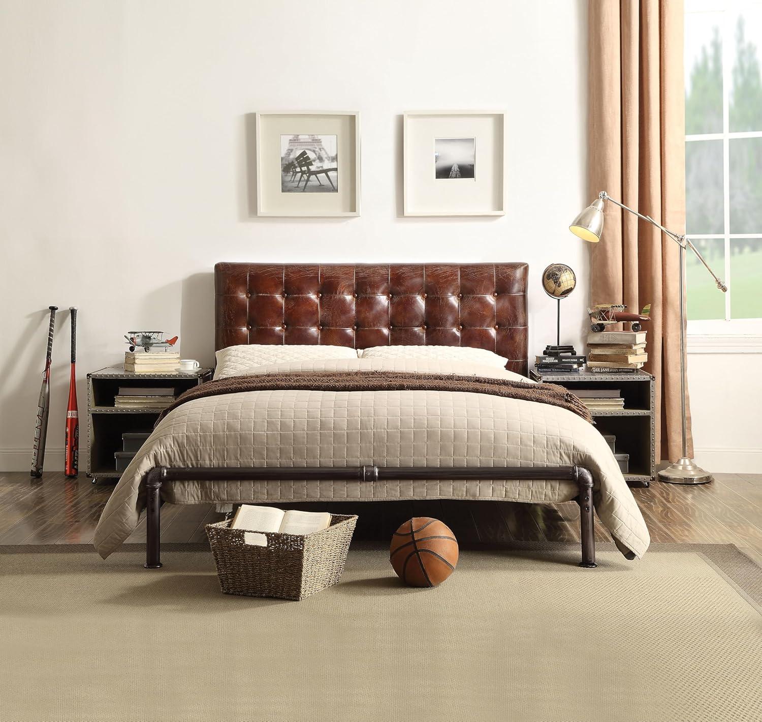 GZMWON Brancaster Vintage Brown Top Grain Leather Queen Bed