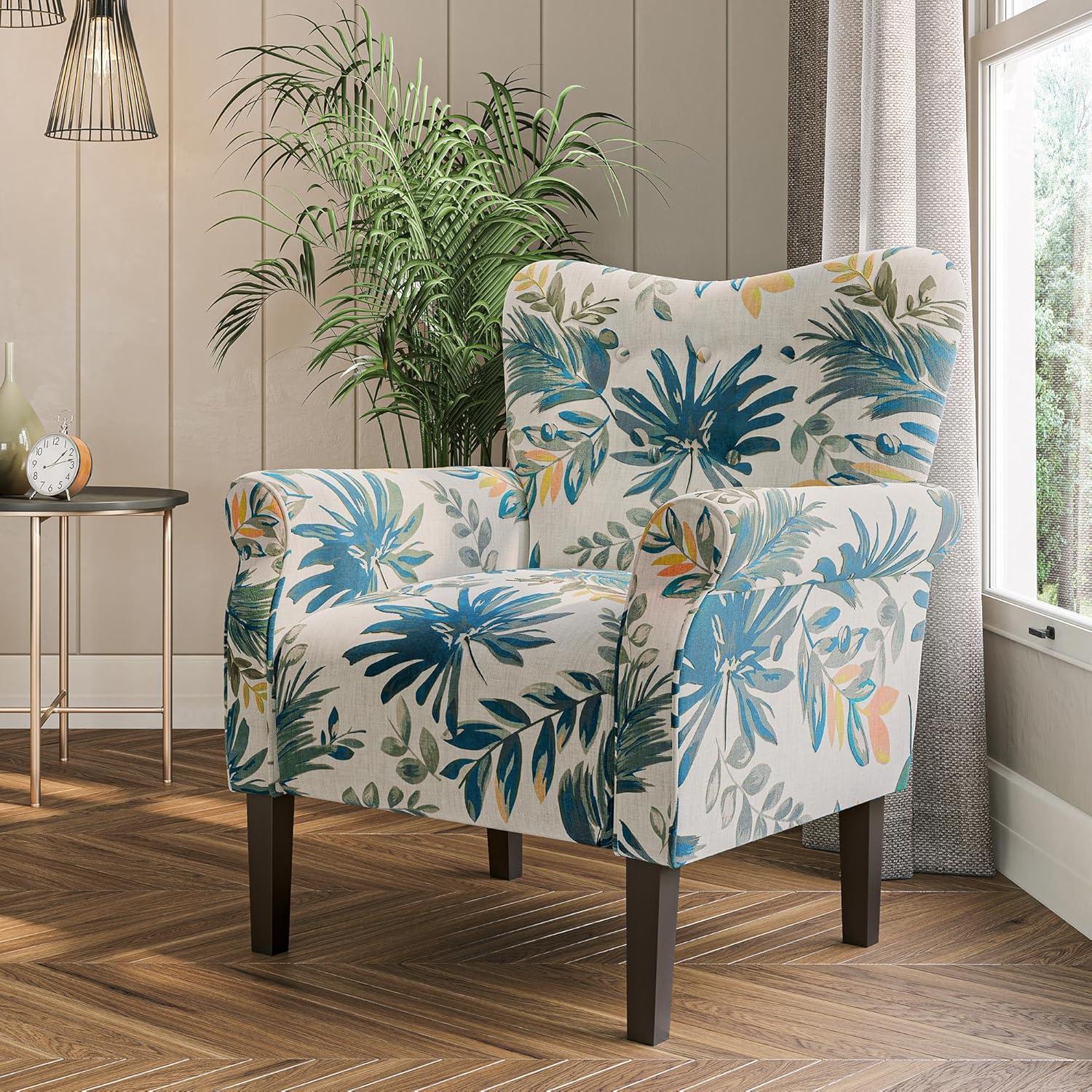 Blue Floral Wingback Accent Chair with Dark Wood Legs