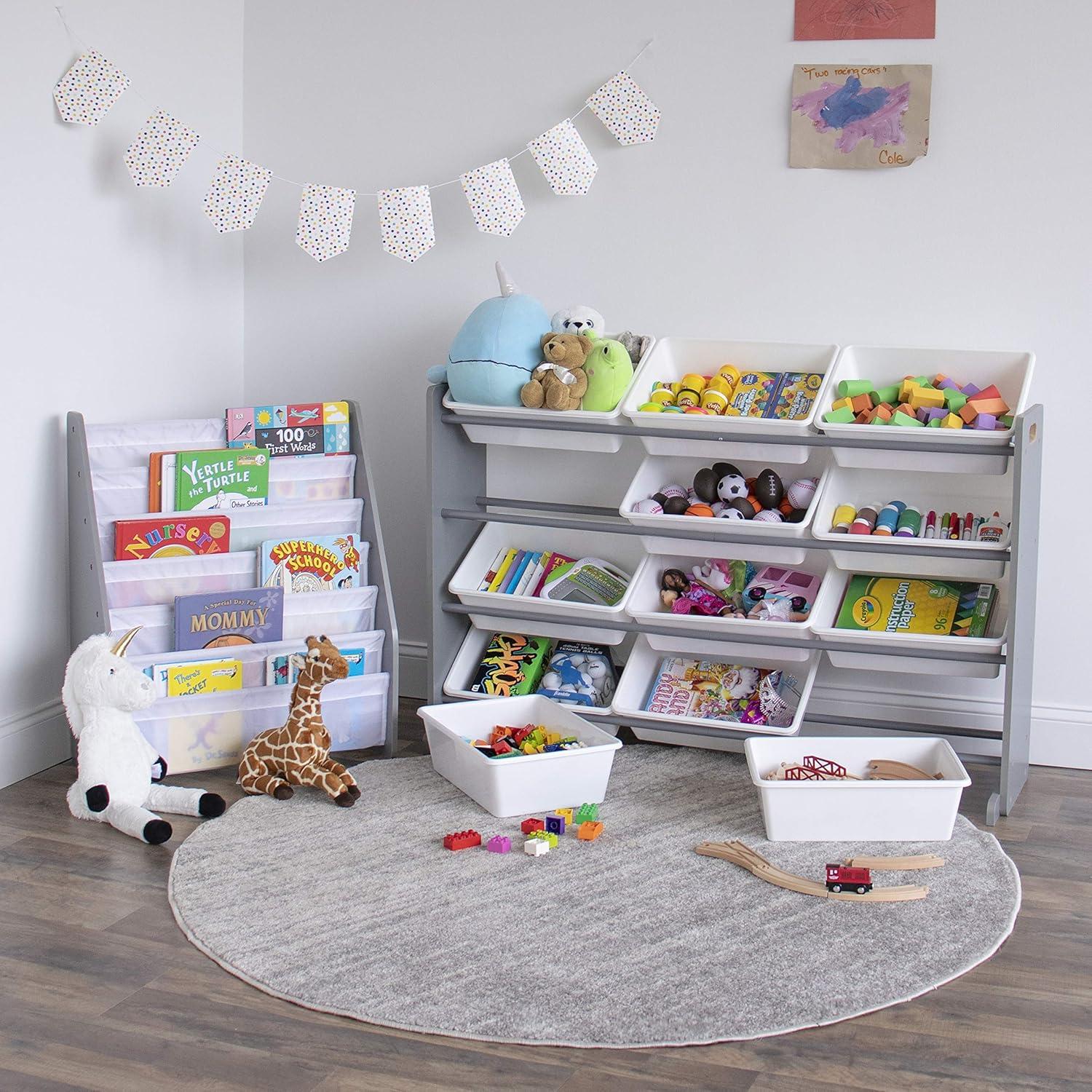 Gray and White Kids 6-Tier Fabric Book Rack