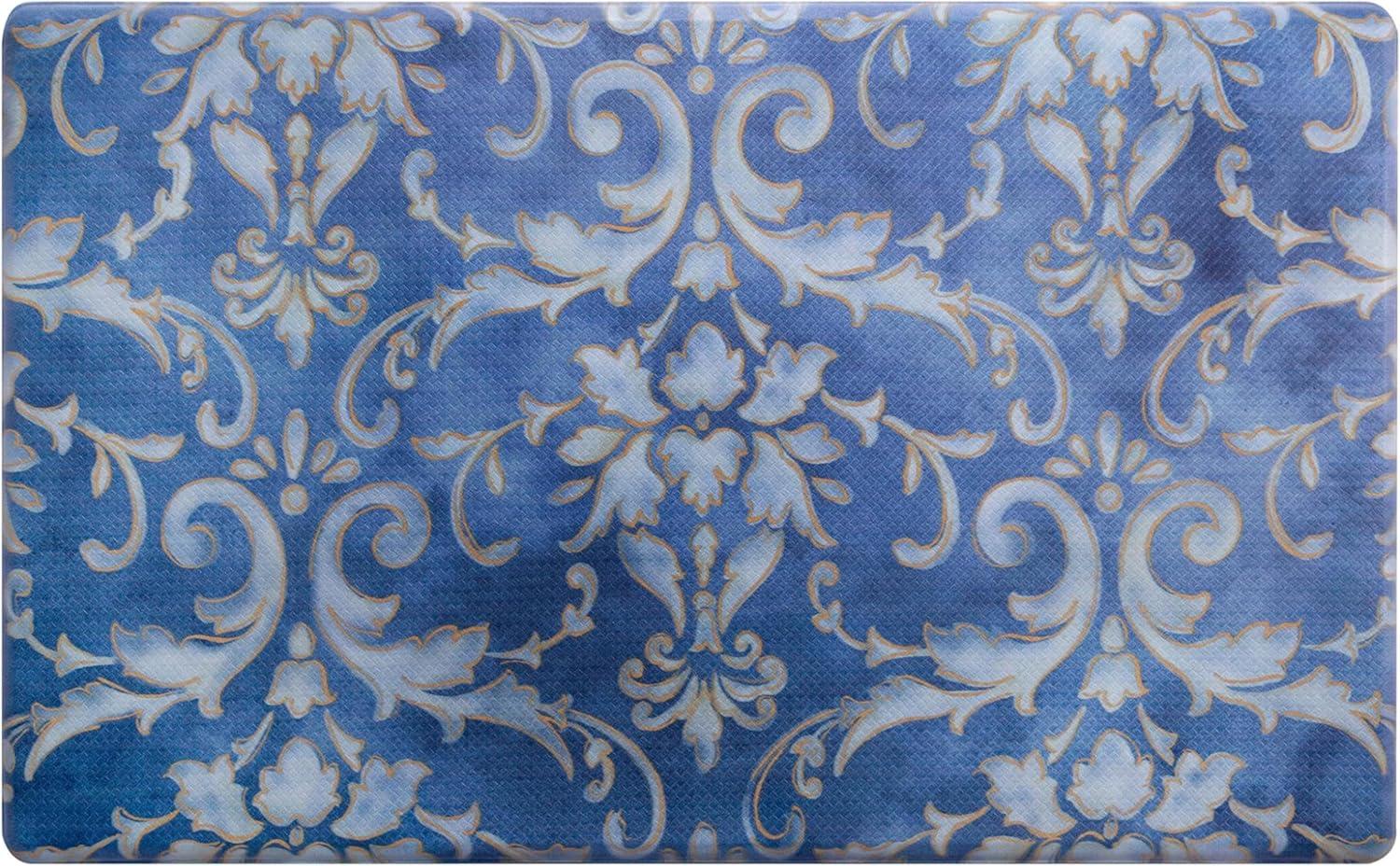 Blue and Gold Damask Anti-Fatigue Kitchen Mat