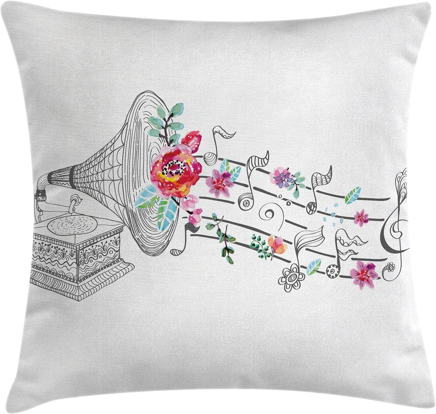 Ambesonne Music Throw Pillow Cushion Cover, Vintage Style Gramophone Record Player Floral Ornament Blossom Antique, Decorative Square Accent Pillow Case, 16" X 16", White Pink