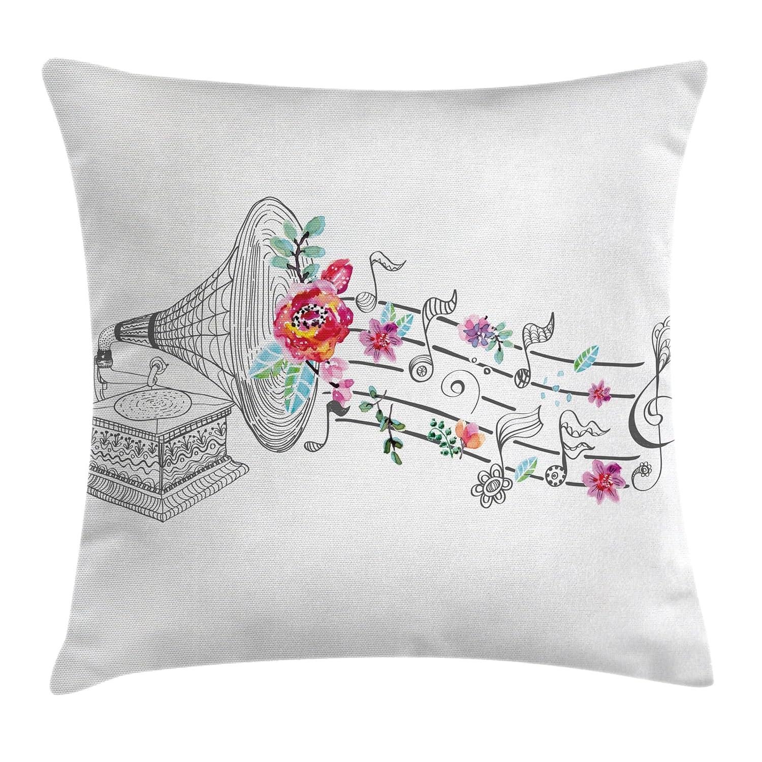 Ambesonne Music Throw Pillow Cushion Cover, Vintage Style Gramophone Record Player Floral Ornament Blossom Antique, Decorative Square Accent Pillow Case, 16" X 16", White Pink