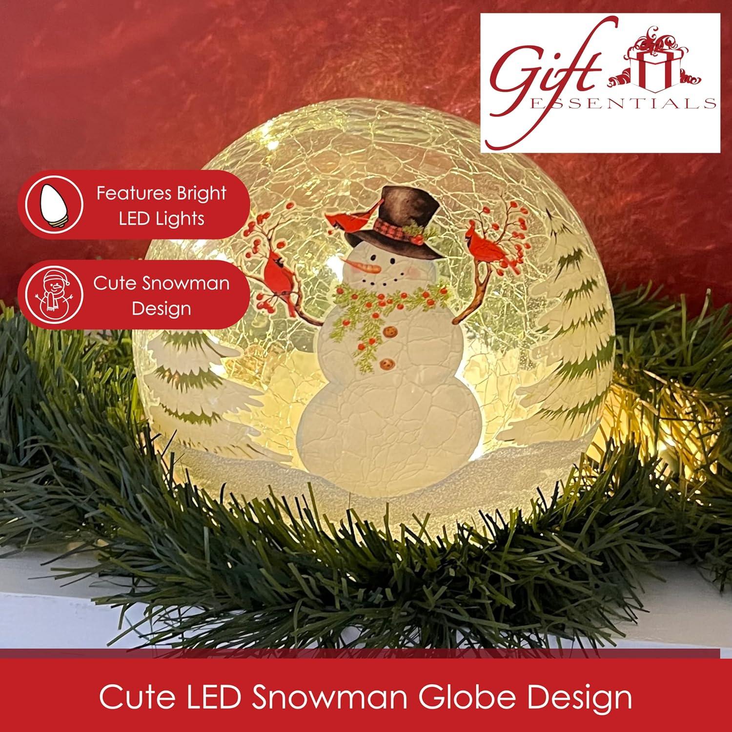 Festive Snowman and Cardinals Crackle Glass LED Globe