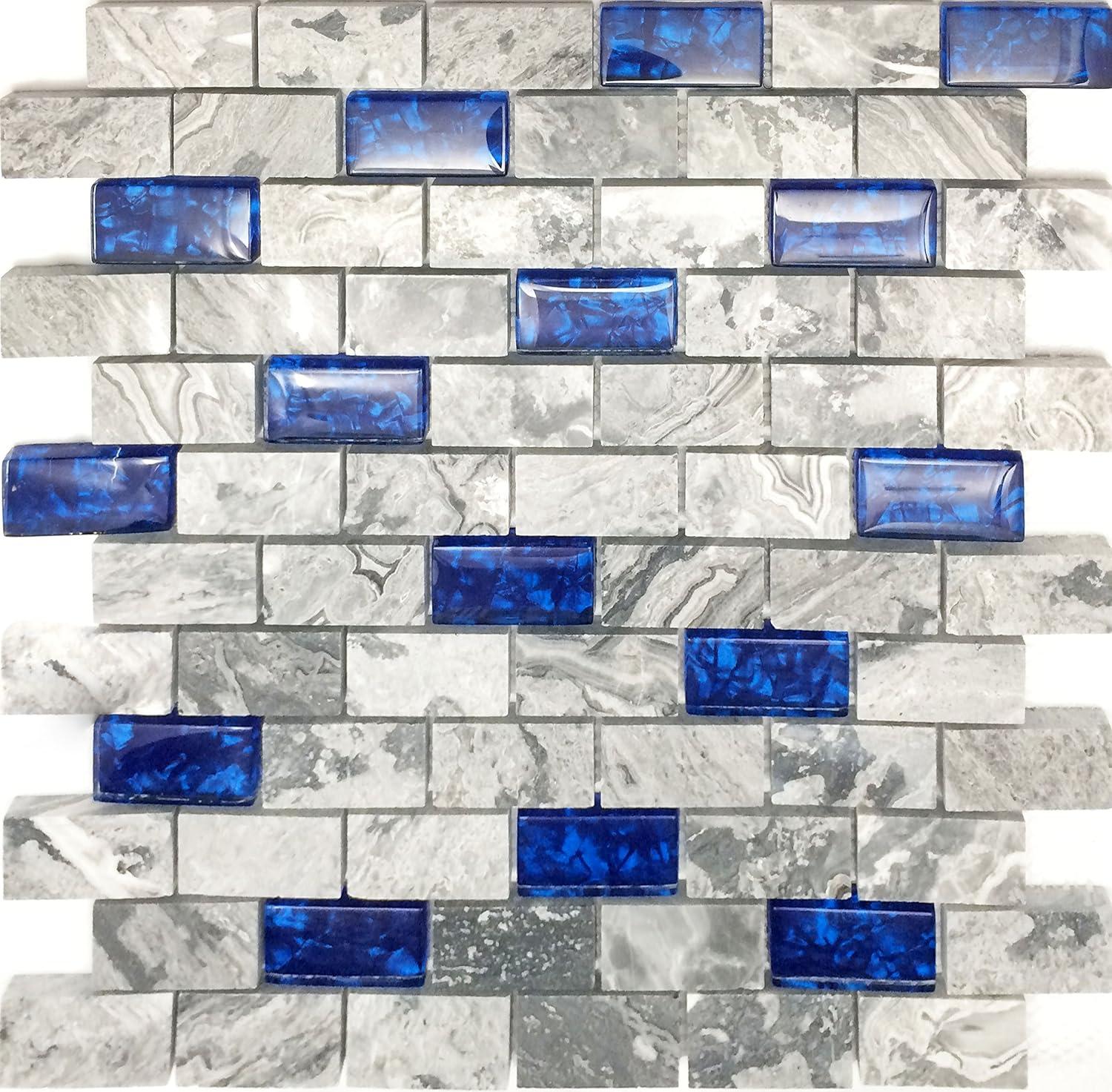 Navy Blue and Gray Polished Marble Glass Mosaic Tile