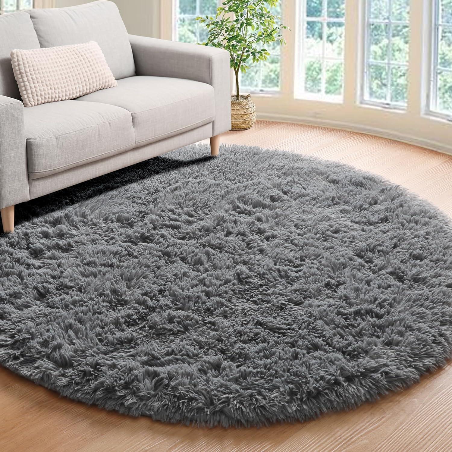ONASAR Grey Round Area Rug 4ft, Gray Soft Bedroom Circle Throw Rugs for Kids Girls Boys Teen Dorm Room, Fluffy Plush Shaggy Carpet Mats for Nursery Living Room Playroom Home Office Decor Aesthetic
