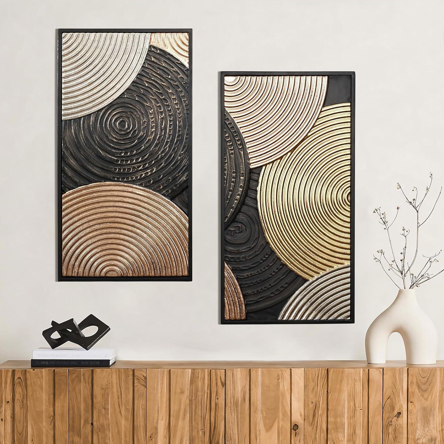 LuxenHome 2-Pc Earth Tone Circles Abstract Rectangular Metal Wall Decor Set Multicolored