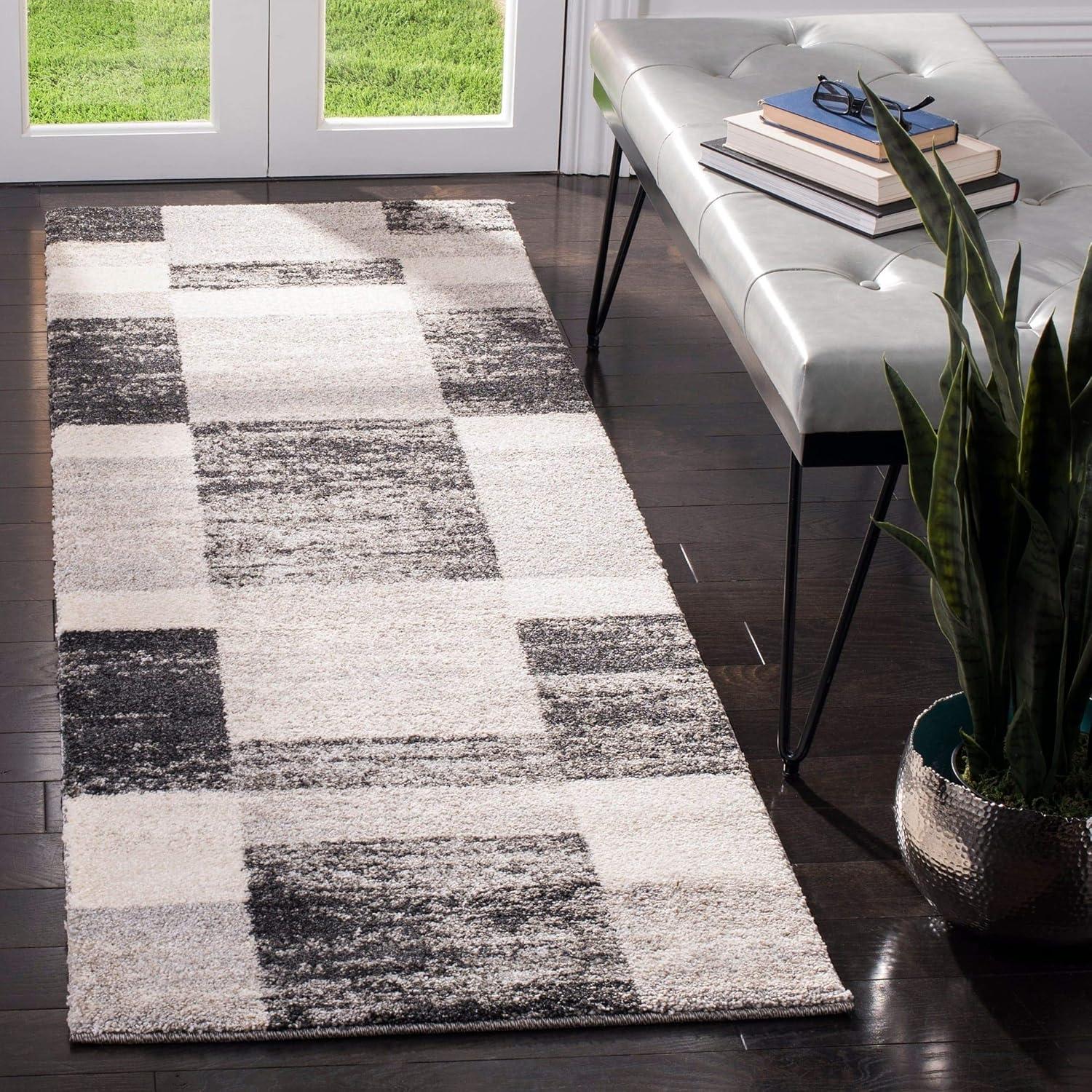 Retro Abstract Black & Grey Shag Rug 27" Easy Care Synthetic